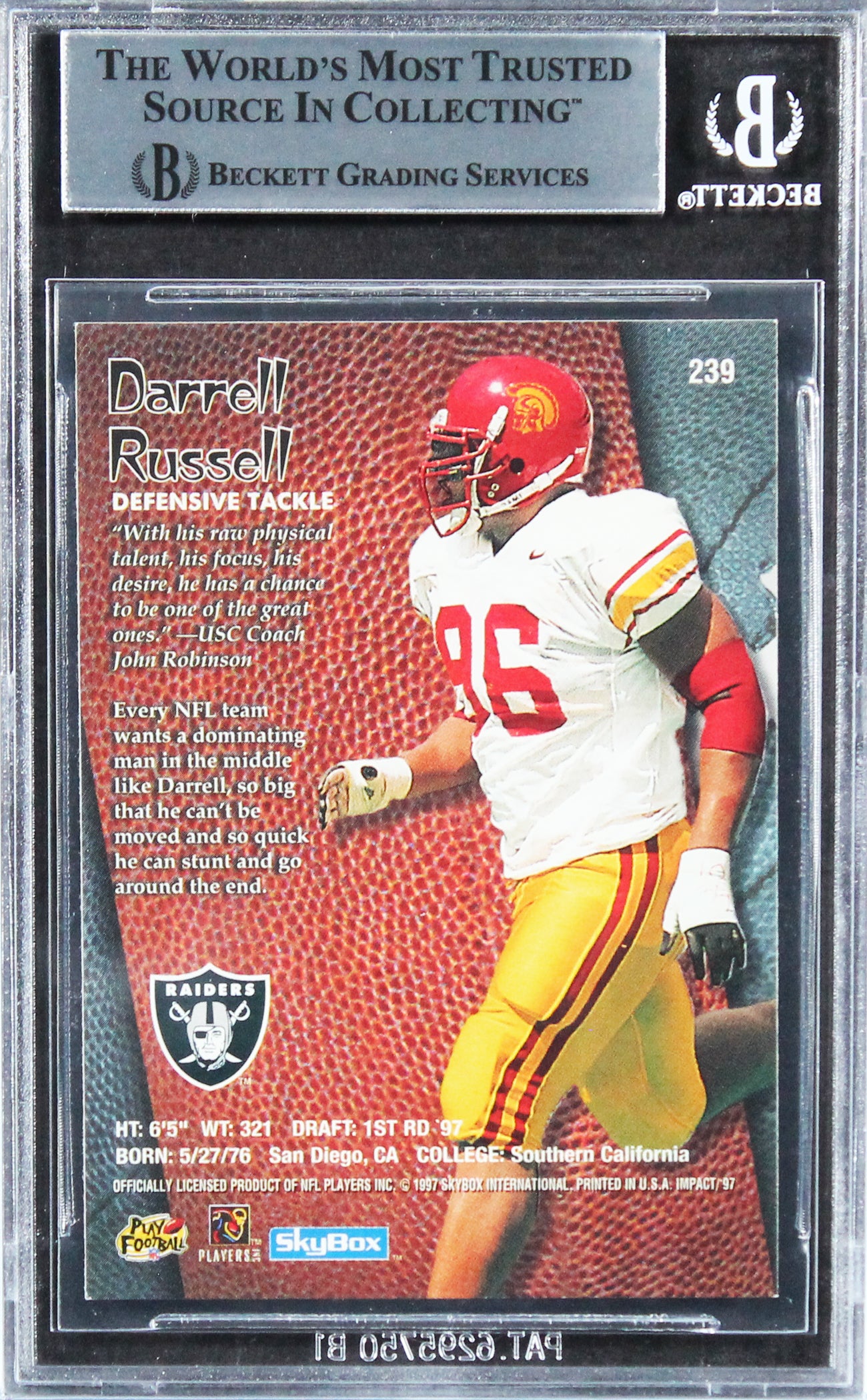 Raiders Darrell Russell Signed 1997 Skybox Impact #239 Rookie Card BAS Slabbed