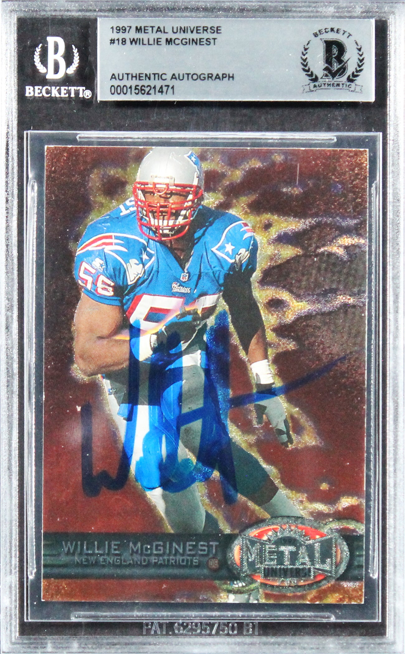 Patriots Willie McGinest Authentic Signed 1997 Metal Universe #18 Card BAS Slab