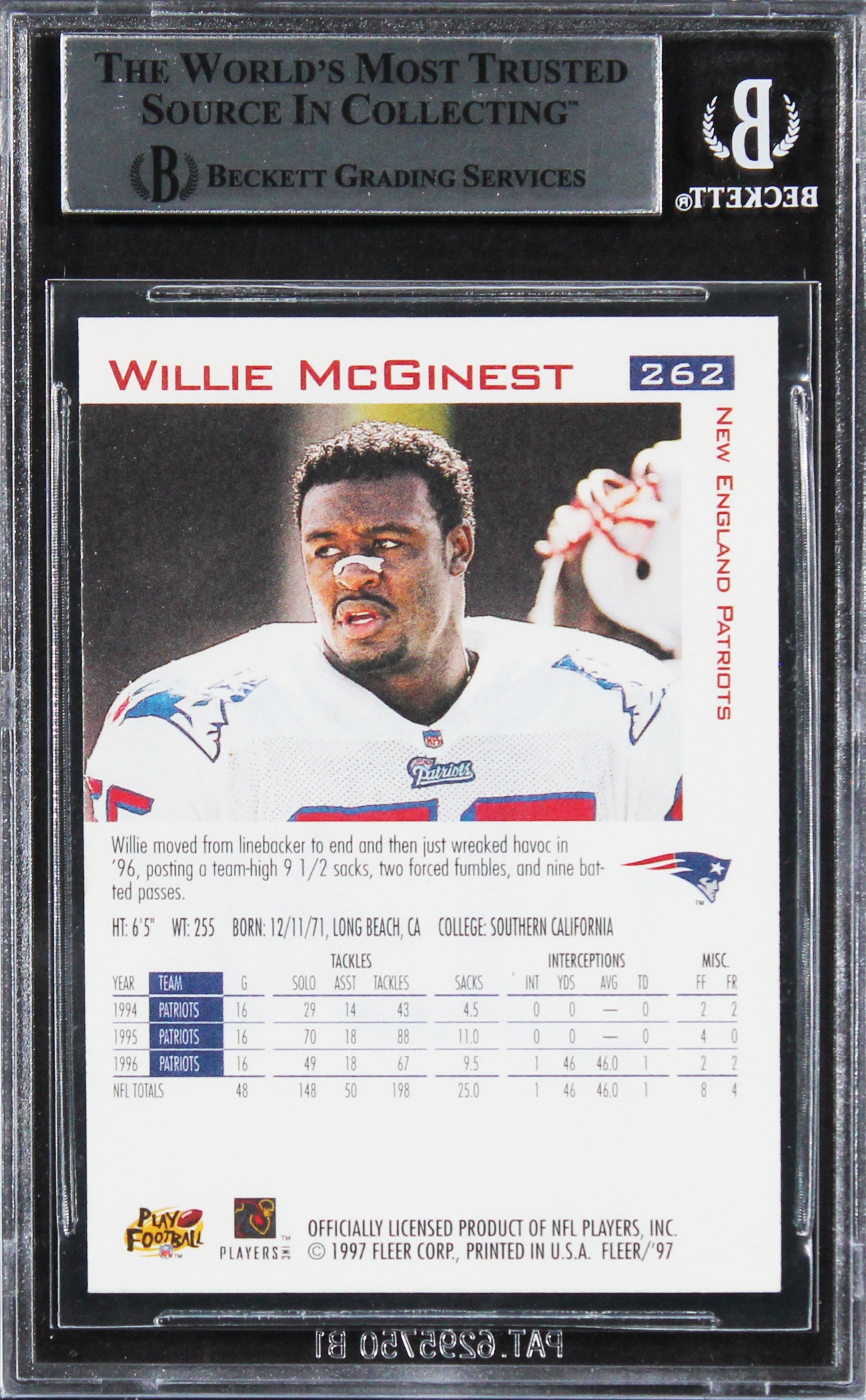 Patriots Willie McGinest Authentic Signed 1997 Fleer #262 Card BAS Slabbed