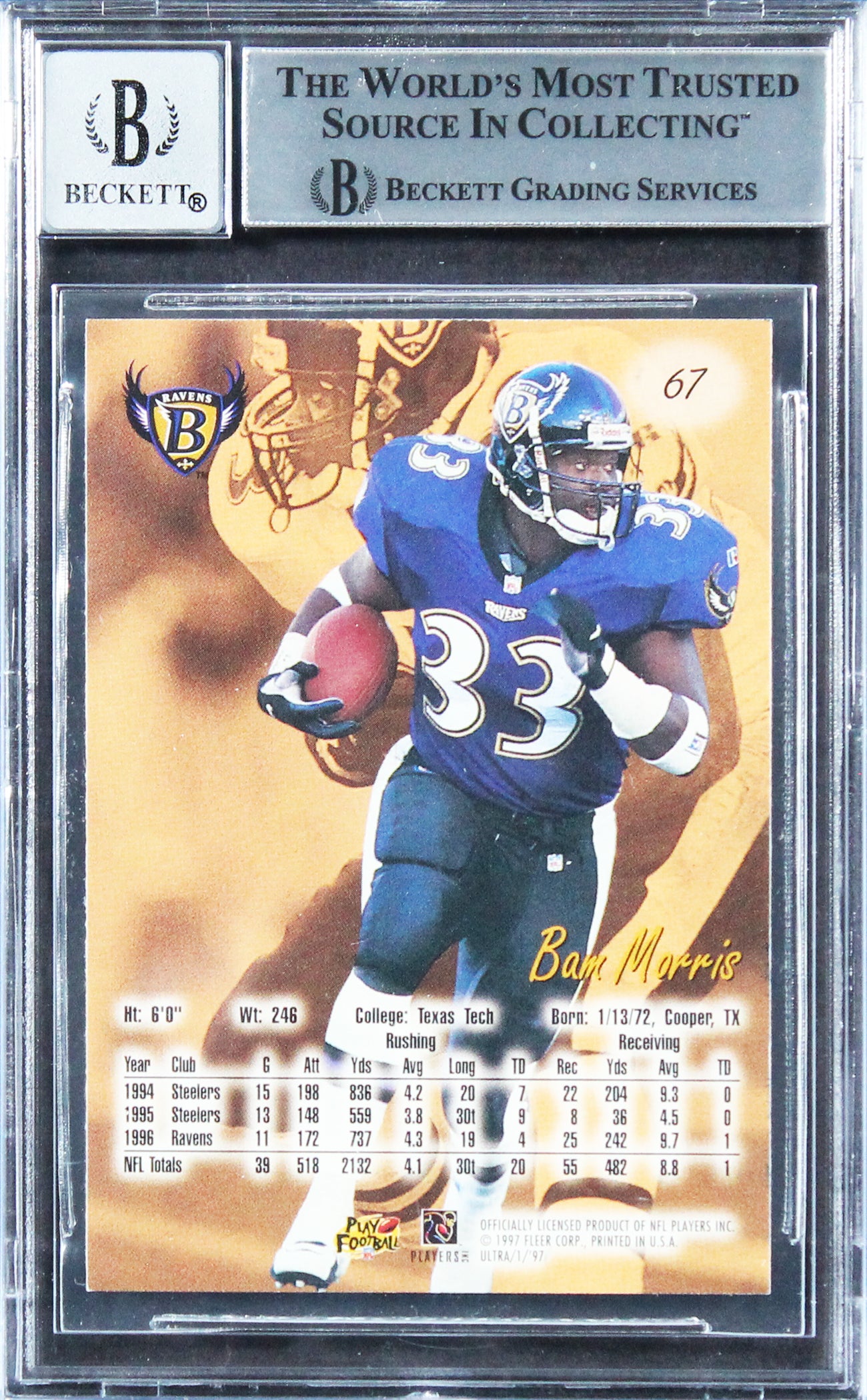 Ravens Bam Morris Authentic Signed 1997 Ultra #67 Card Auto 10! BAS Slabbed