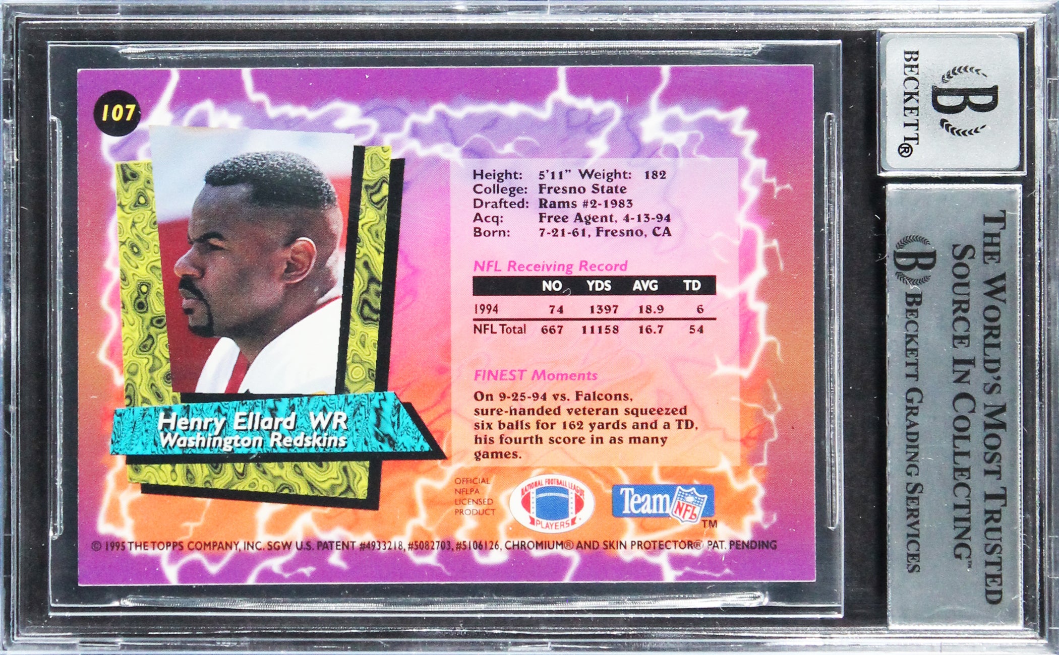Commanders Henry Ellard Signed 1995 Finest #107 Card Auto 10! BAS Slabbed