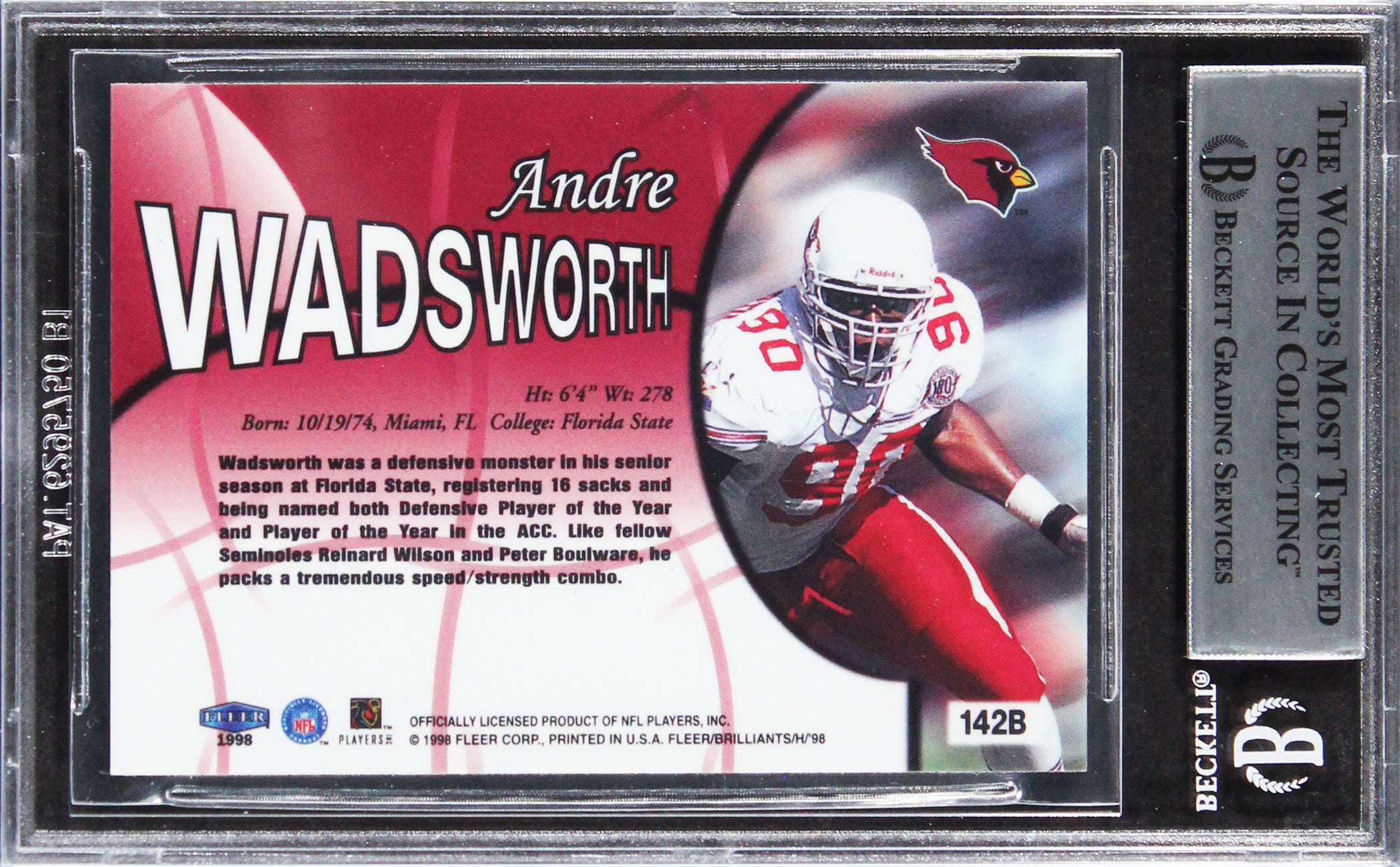 Cardinals Andre Wadsworth Signed 1998 Fleer Brilliants Blue #142 Card BAS Slab 1