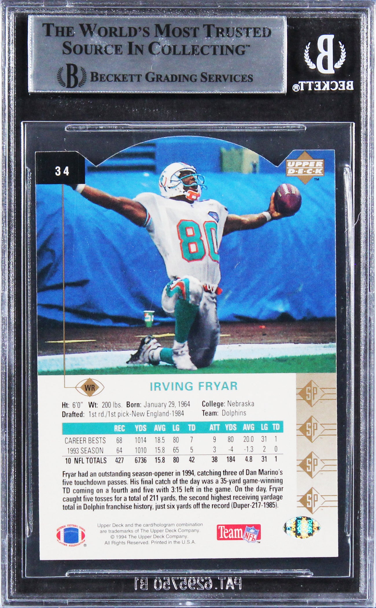 Dolphins Irving Fryar Authentic Signed 1994 SP Die Cuts #34 Card BAS Slabbed