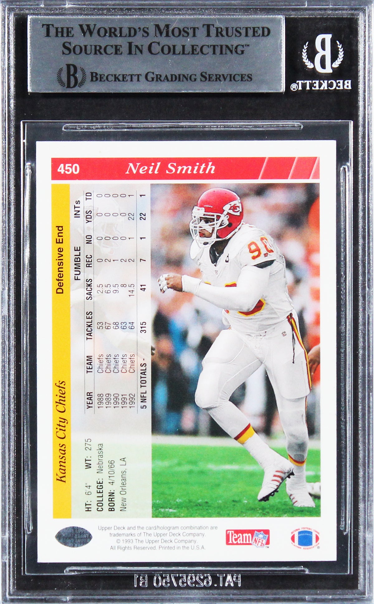 Chiefs Neil Smith Authentic Signed 1993 Upper Deck #450 Card BAS Slabbed