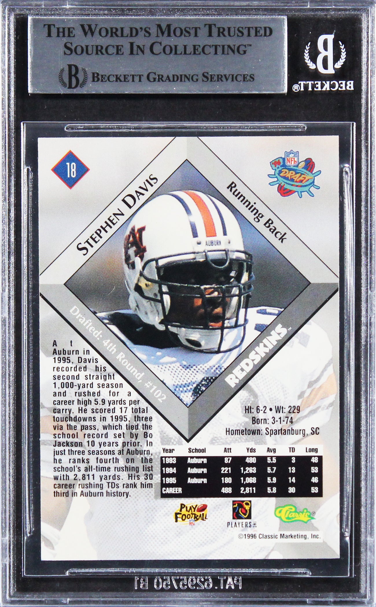 Commanders Stephen Davis Signed 1996 Classic NFL Rookies #18 RC Card BAS Slabbed