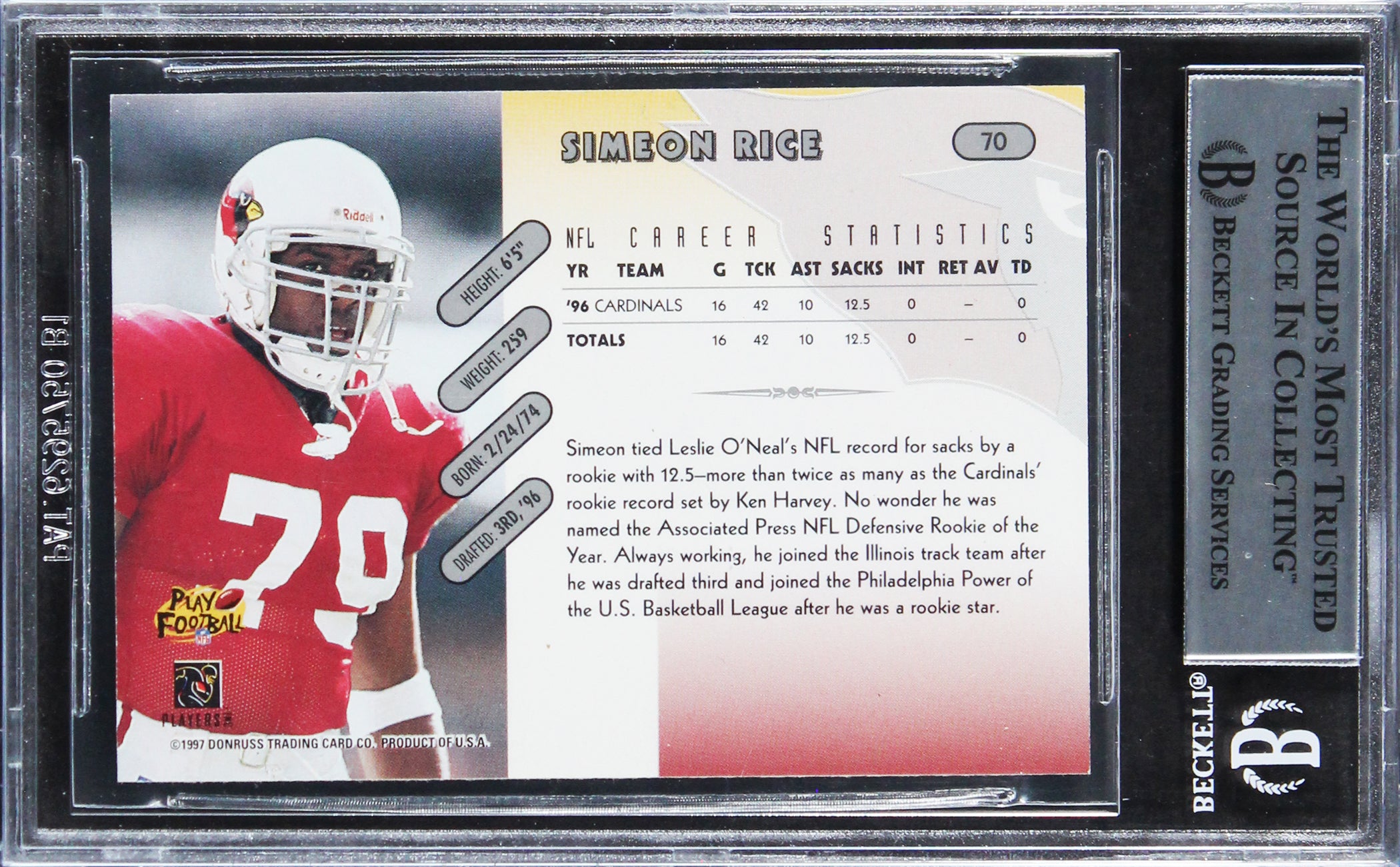 Cardinals Simeon Rice Authentic Signed 1997 Donruss #70 Card BAS Slabbed