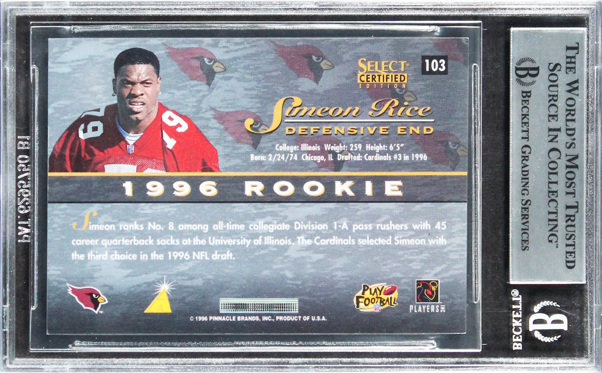 Cardinals Simeon Rice Signed 1996 Select Certified #103 Rookie Card BAS Slab 1