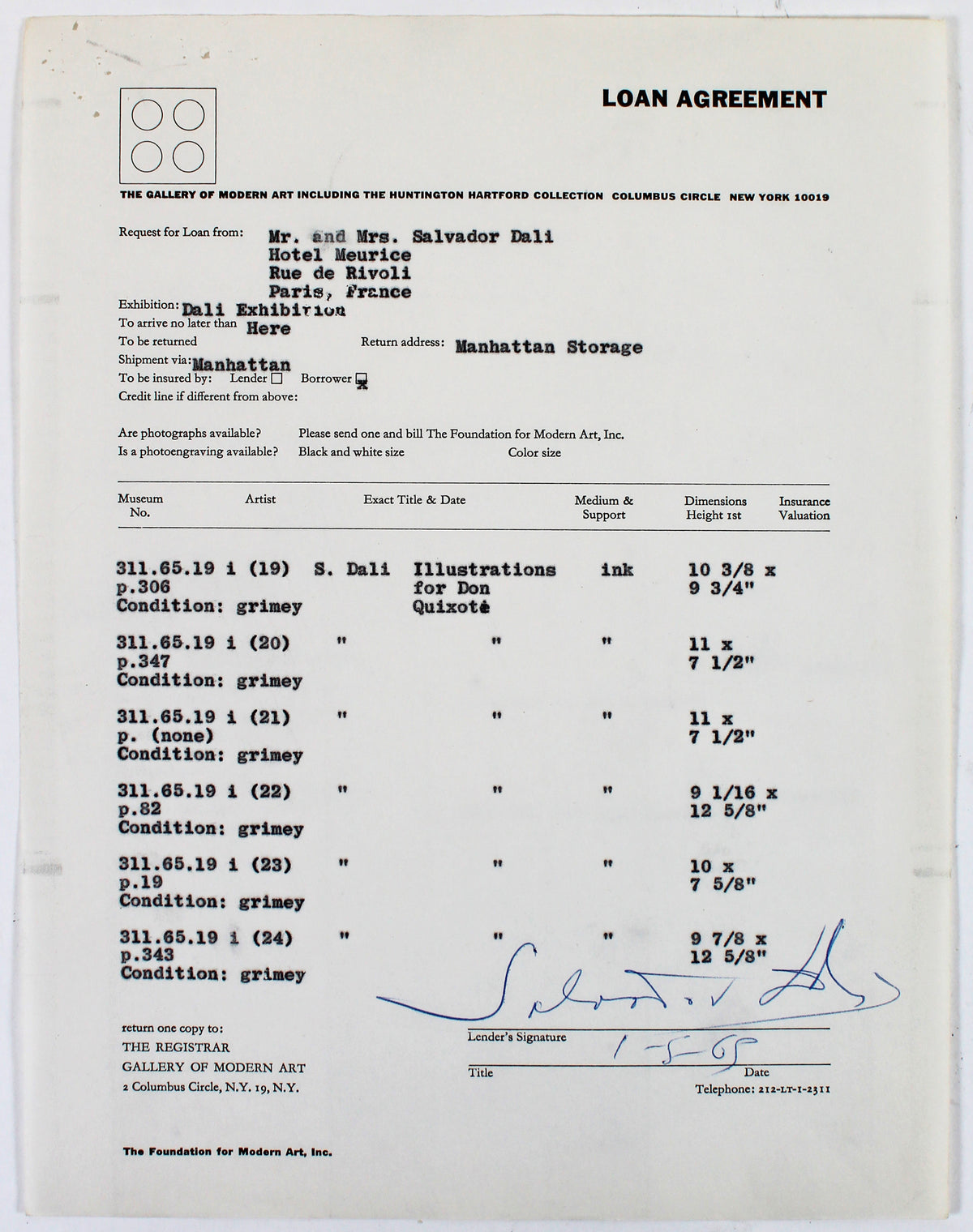 Salvador Dali Authentic Signed 8.5x11 Loan Document Dated 1-5-1965 BAS #A57677