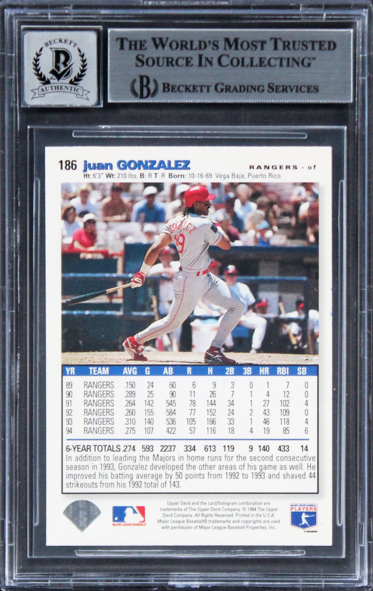 Rangers Juan Gonzalez Signed 1995 Collector's Choice #186 Card Auto 10! BAS Slab