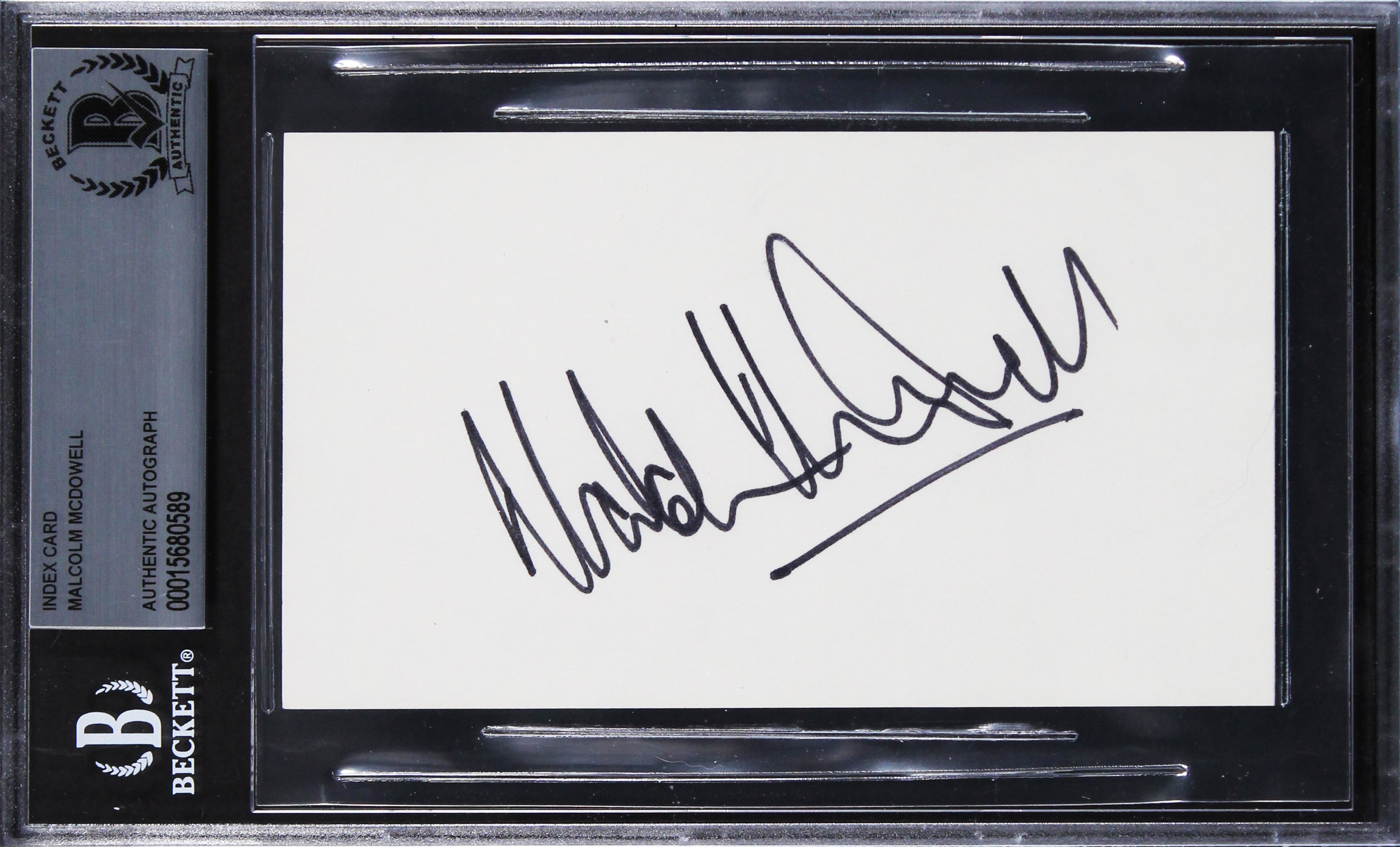 Malcolm McDowell A Clockwork Orange Authentic Signed 3x5 Index Card BAS Slabbed