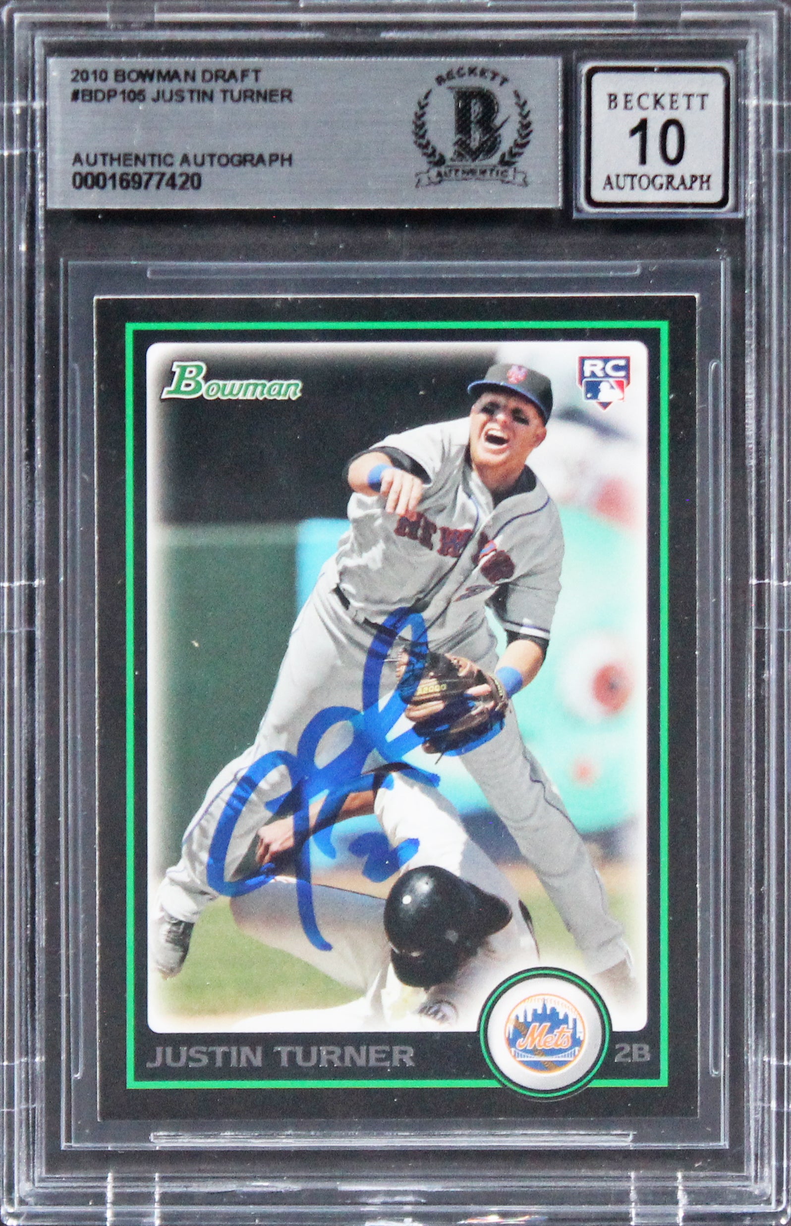 Mets Justin Turner Signed 2010 Bowman Draft #BDP105 RC Card Auto 10! BAS Slabbed