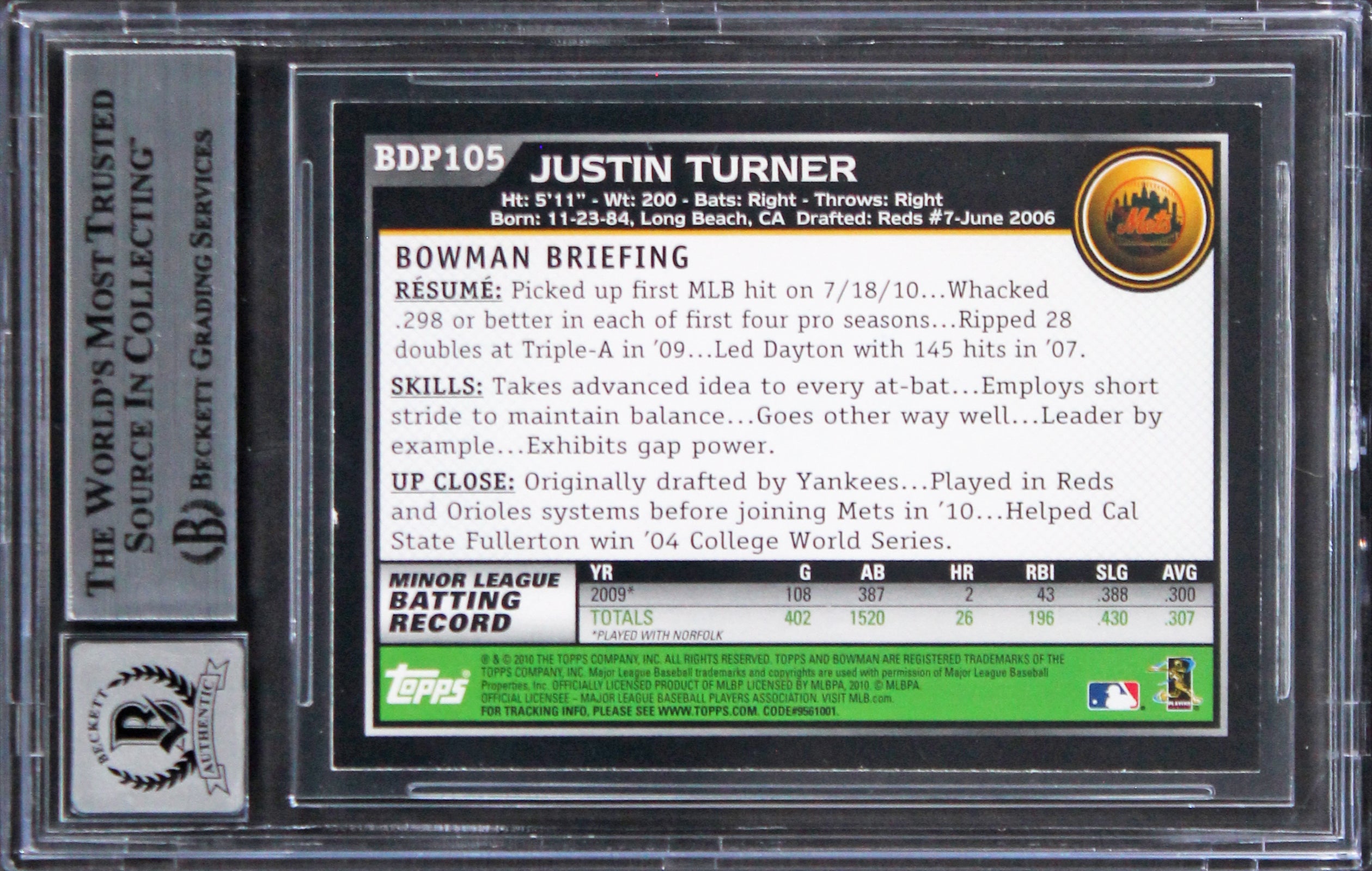 Mets Justin Turner Signed 2010 Bowman Draft #BDP105 RC Card Auto 10! BAS Slabbed