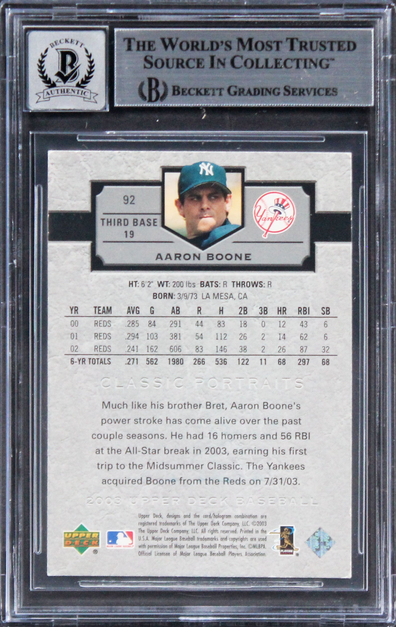 Yankees Aaron Boone Signed 2003 UD Classic Portraits #92 Card Auto 10! BAS Slab