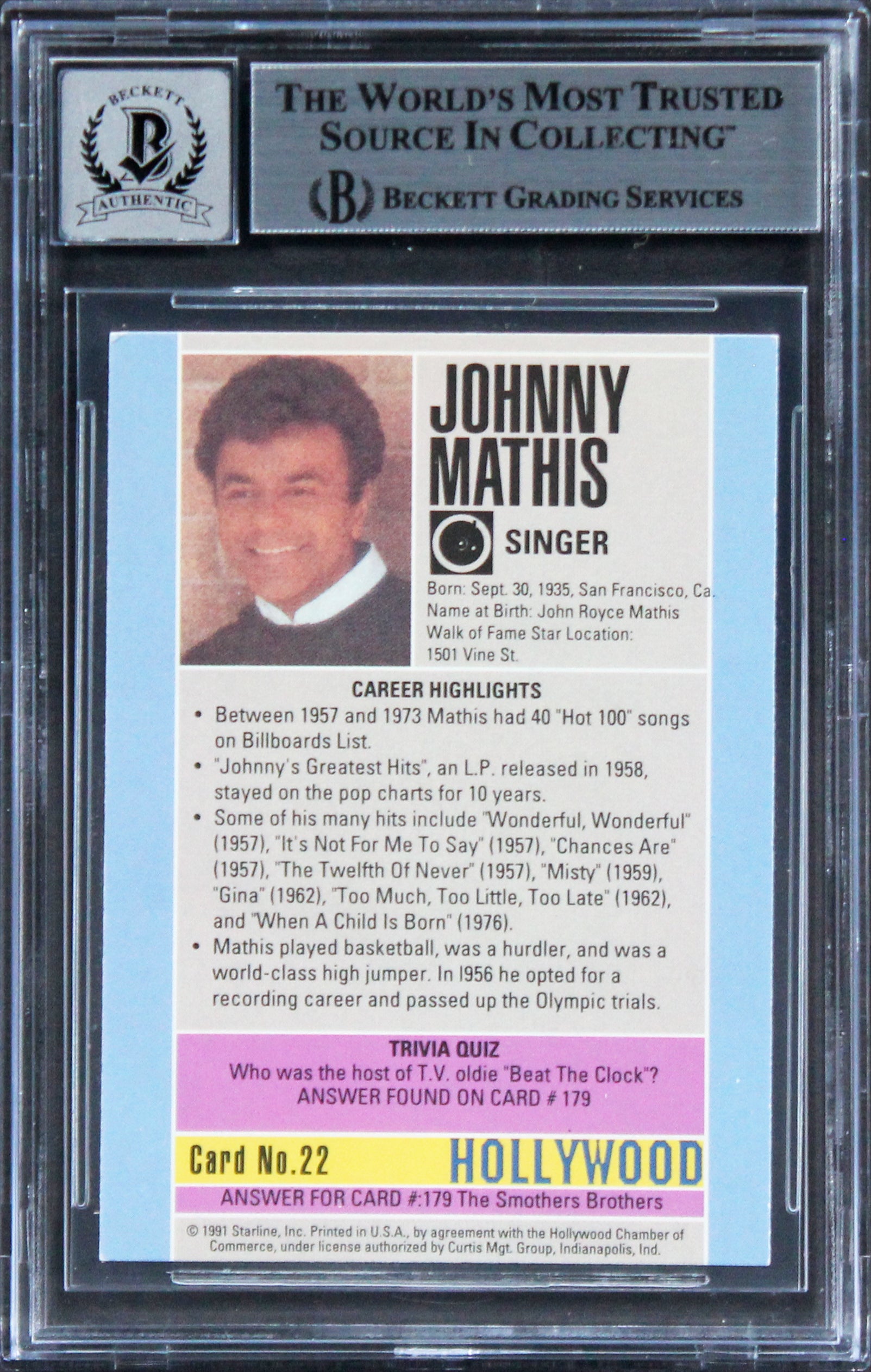 Johnny Mathis Signed 1991 Starline Hollywood WOF #22 Card Auto 10! BAS Slabbed