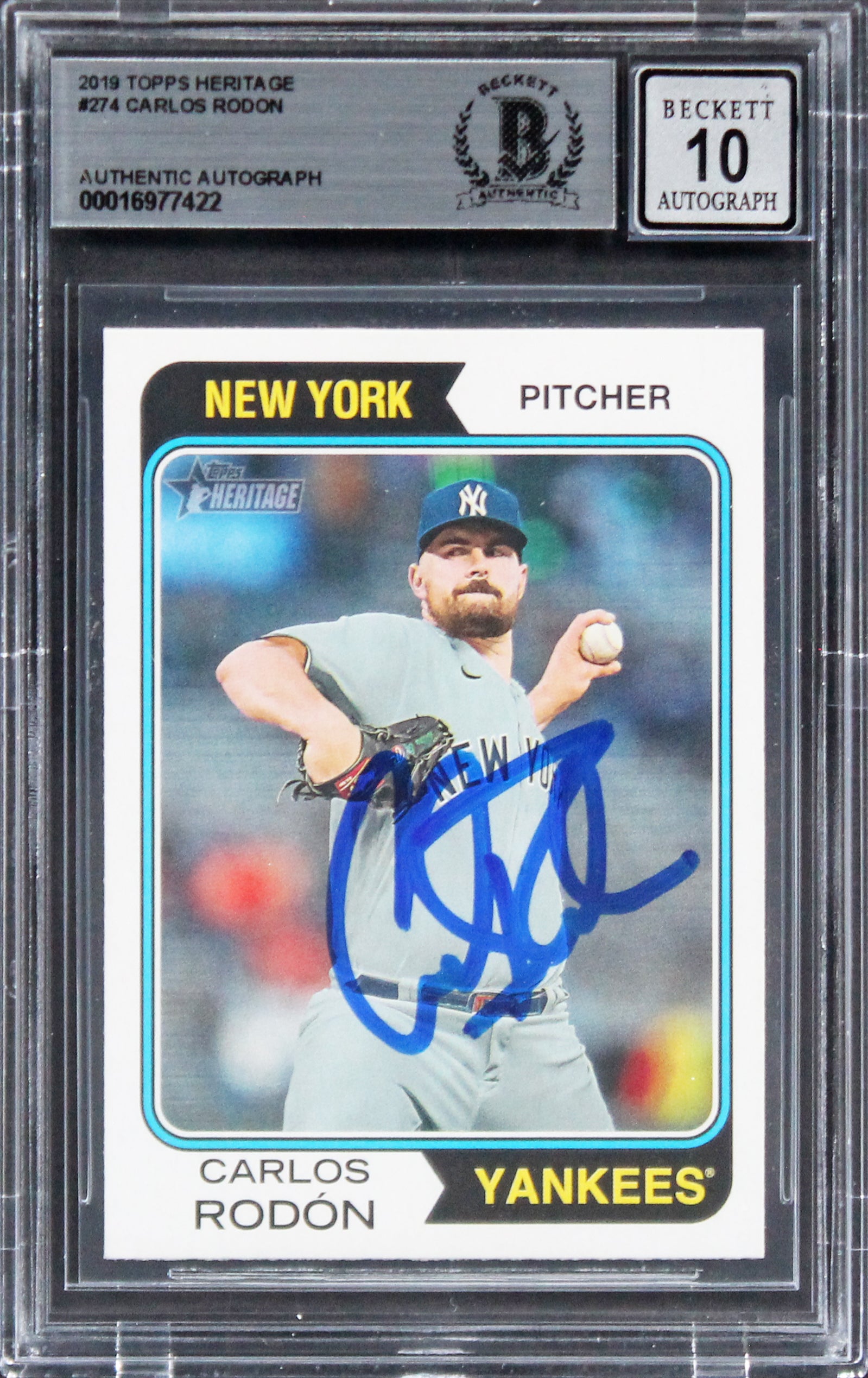 Yankees Carlos Rodon Signed 2019 Topps Heritage #274 Card Auto 10! BAS Slabbed