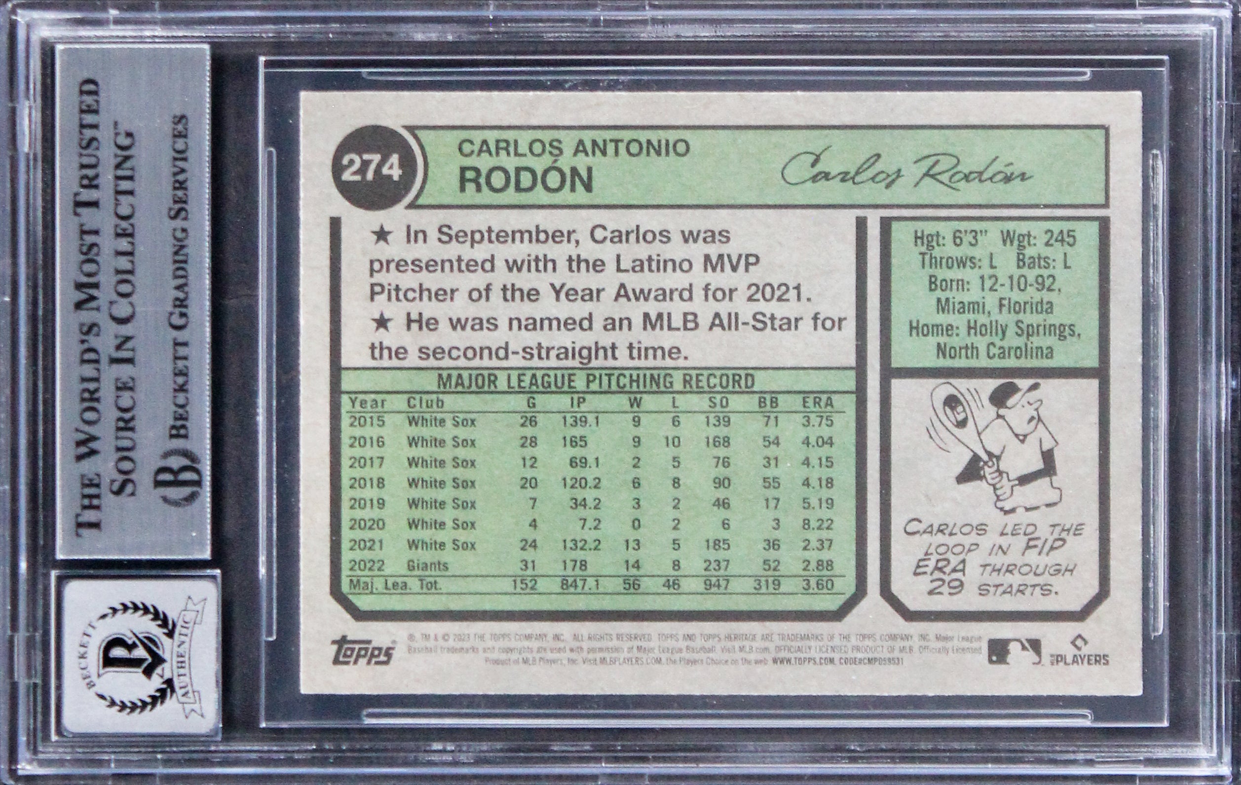 Yankees Carlos Rodon Signed 2019 Topps Heritage #274 Card Auto 10! BAS Slabbed