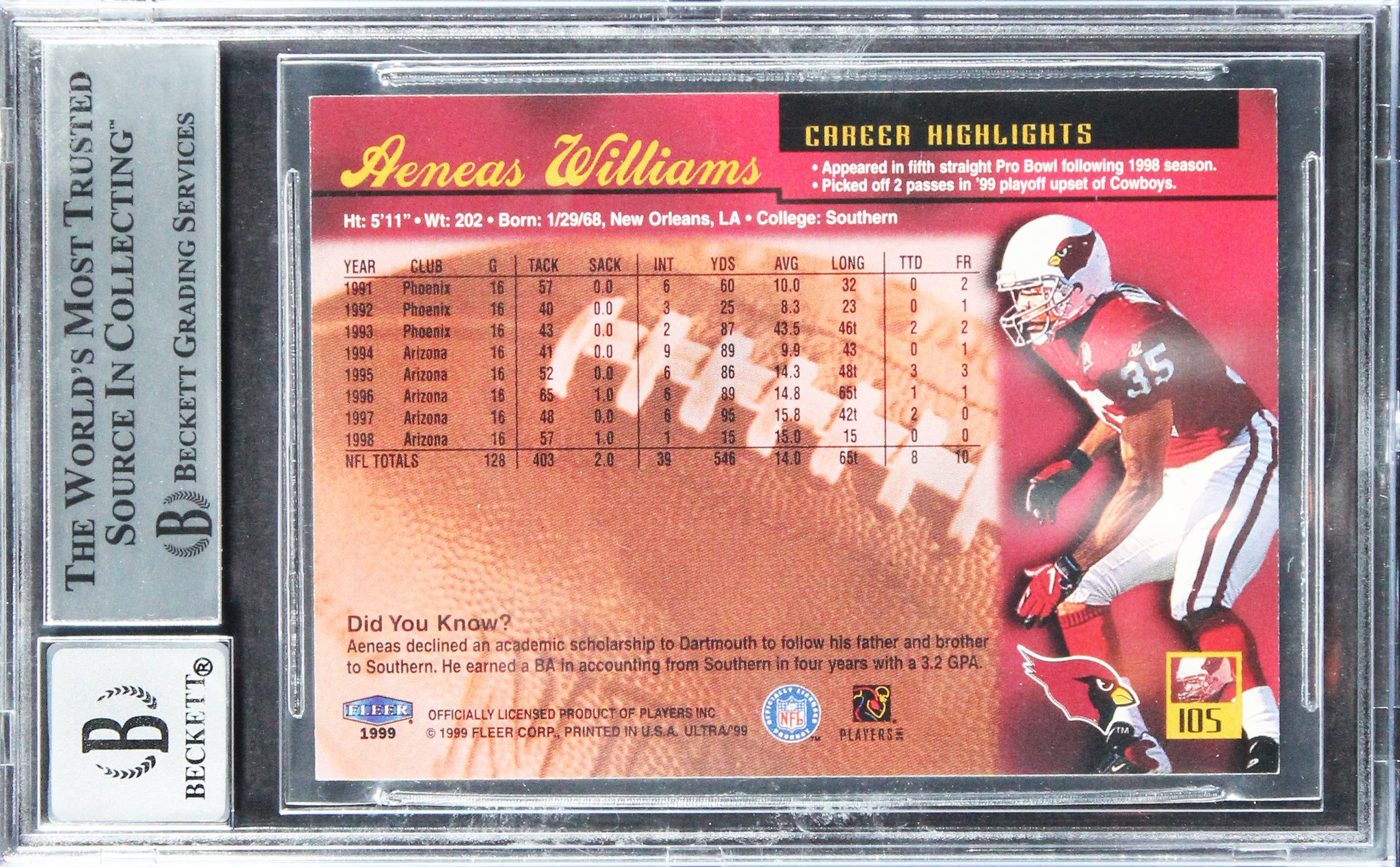 Cardinals Aeneas Williams Signed 1999 Ultra #105 Card Auto 10! BAS Slabbed