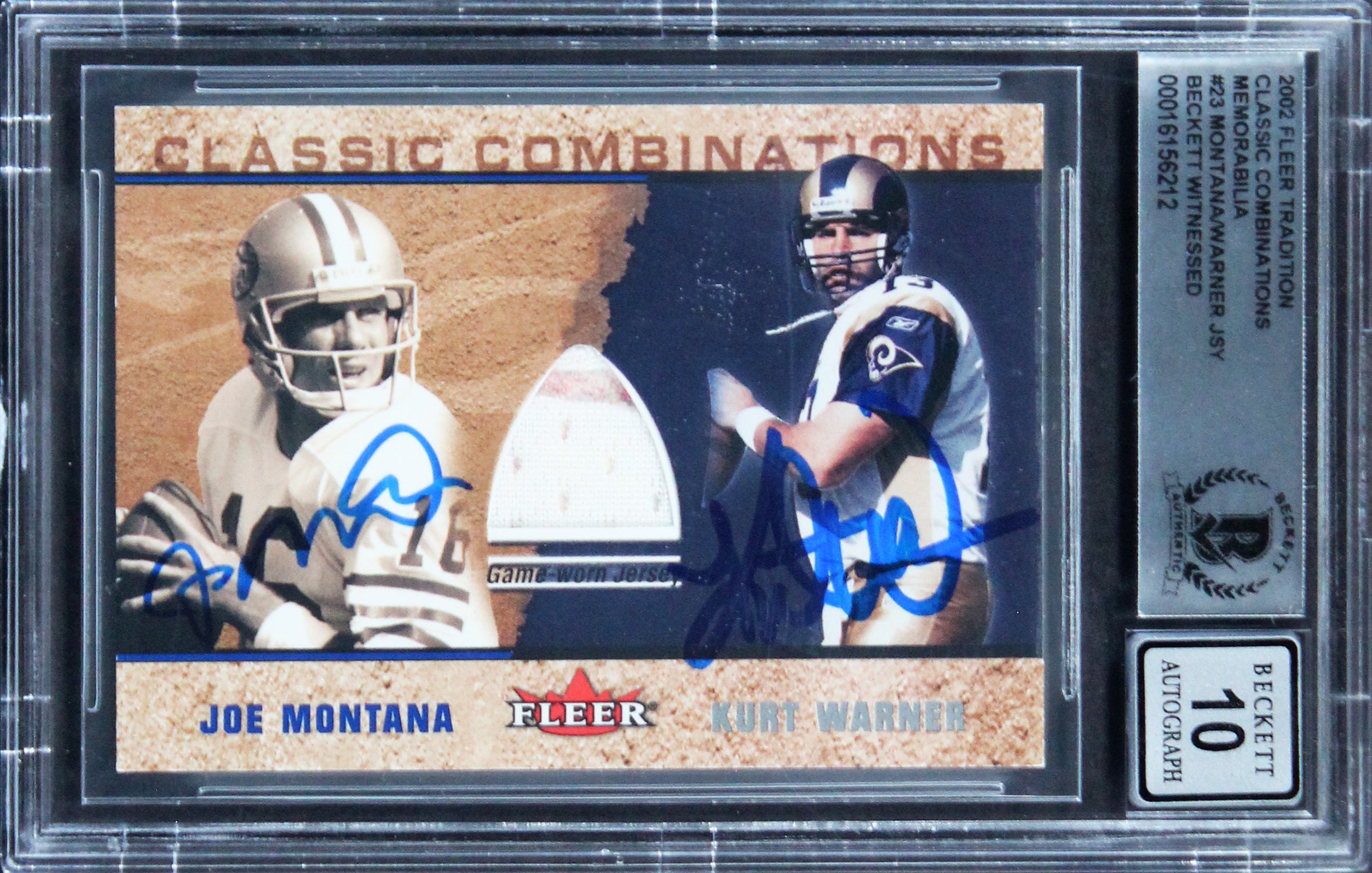 Joe Montana & Kurt Warner Signed 2002 Fleer Trad. #23 Card Auto 10! BAS Slab 2