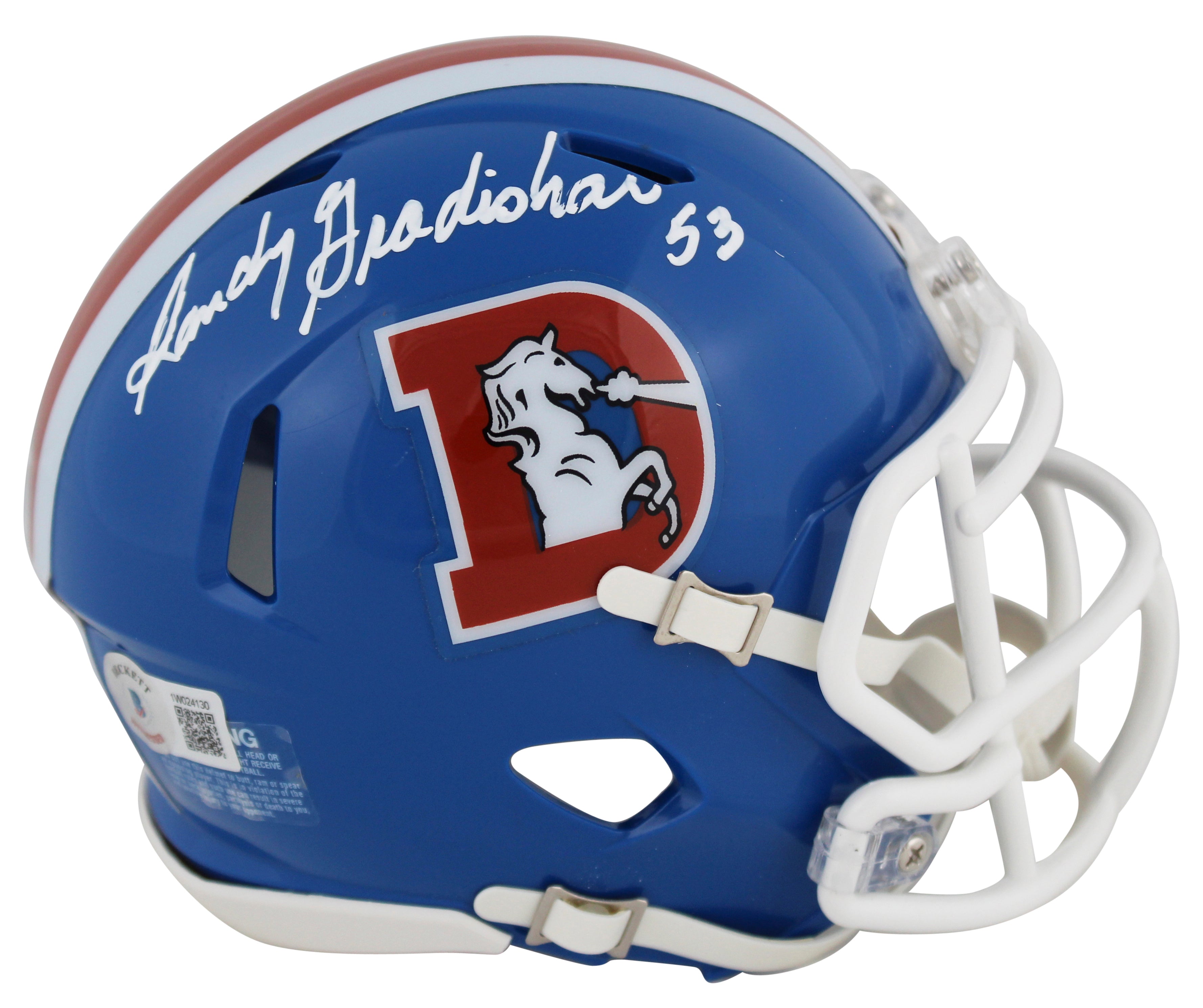 Broncos Randy Gradishar Signed 1975-96 TB Speed Mini Helmet White Sig BAS Wit