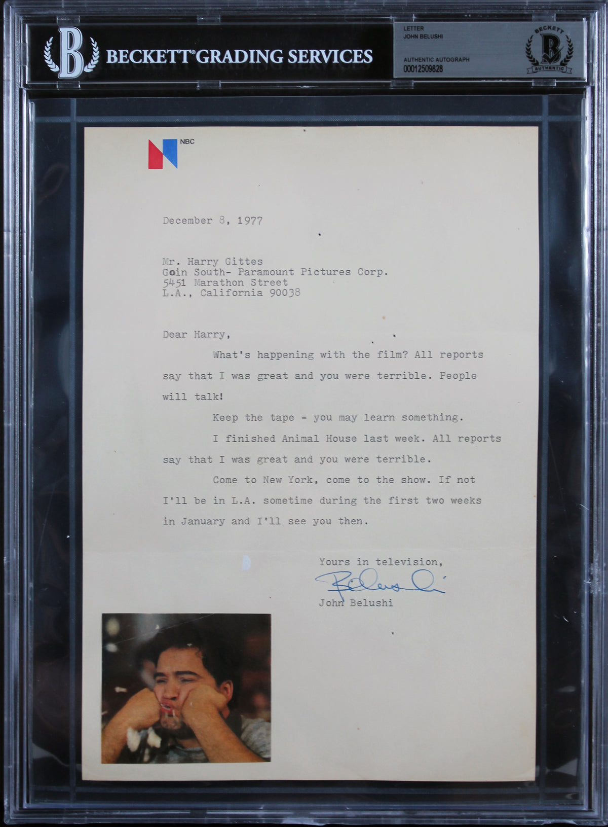 John Belushi Animal House Signed 7x10.5 1977 Letter on NBC Letterhead BAS Slab