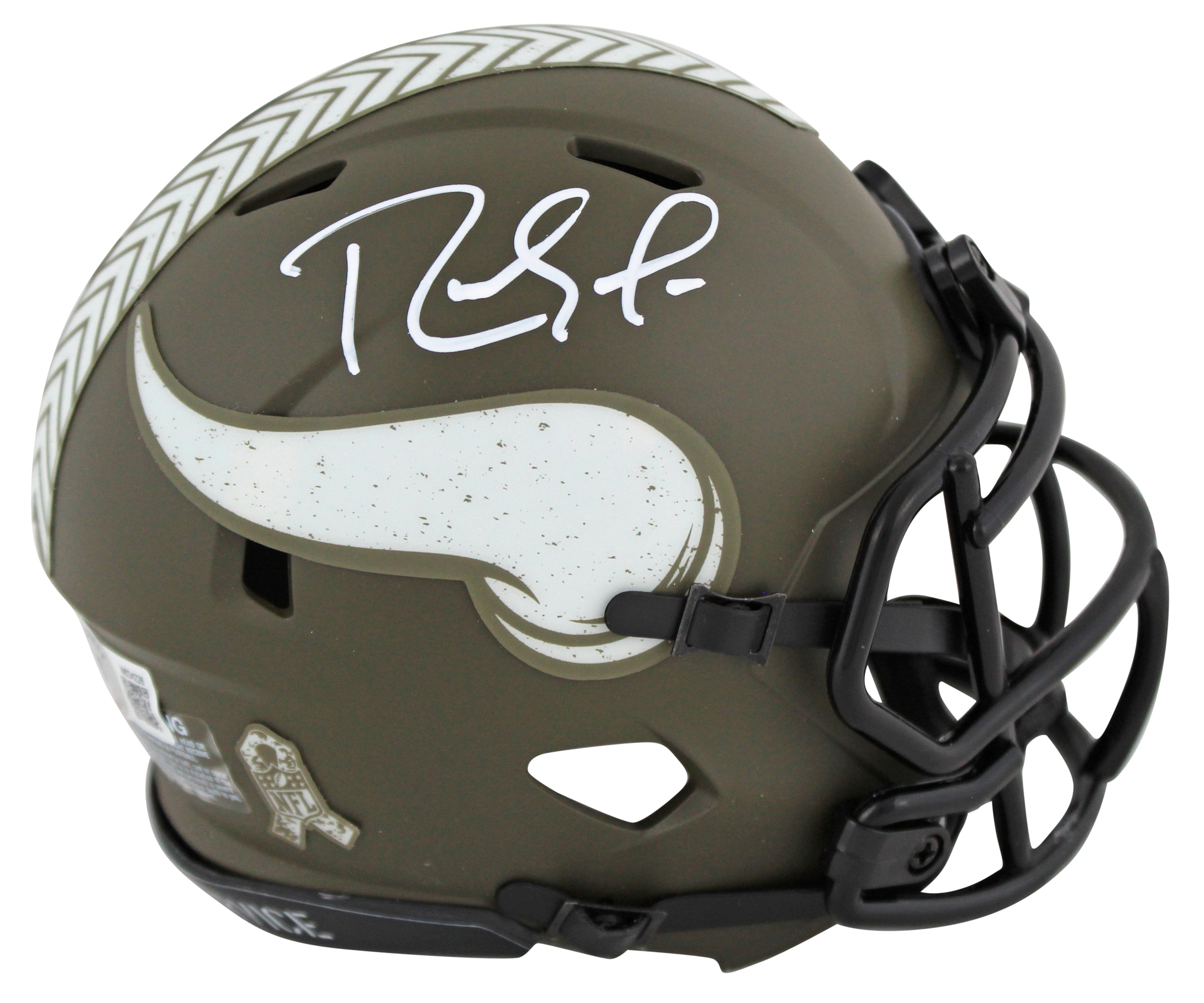 Vikings Randy Moss Signed Salute To Service Speed Mini Helmet w/ White Sig BAS W
