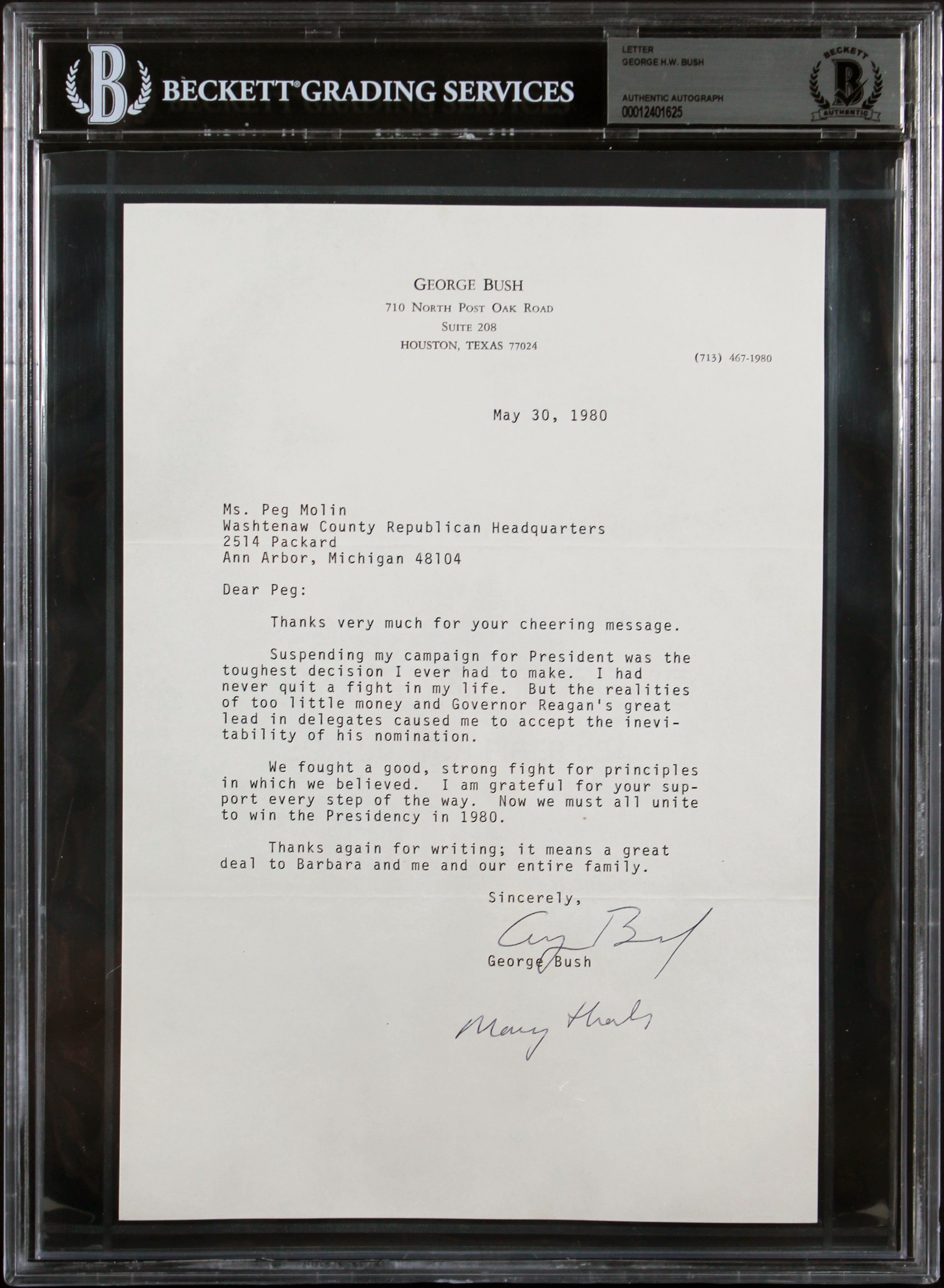 George H.W. Bush "Many Thanks" Authentic Signed 7x10.5 1980 Letter BAS Slabbed