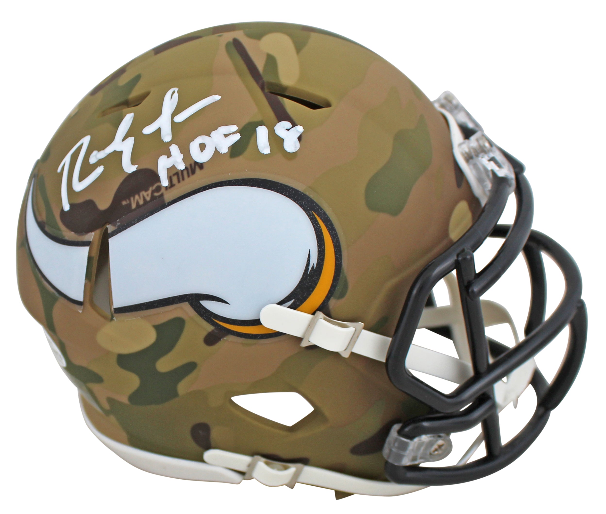 Vikings Randy Moss HOF 18 Authentic Signed Camo Speed Mini Helmet BAS Witness