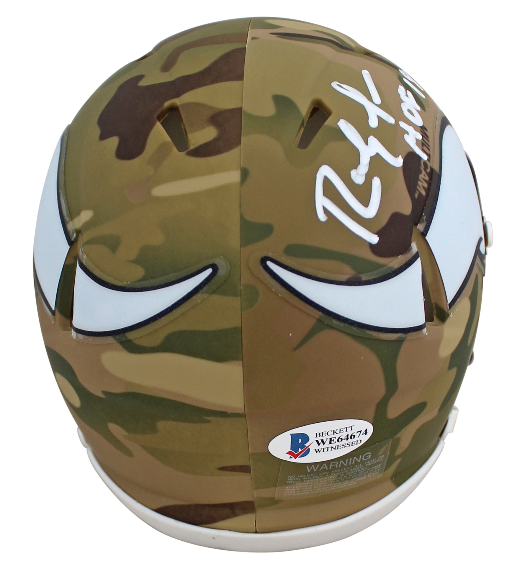 Vikings Randy Moss HOF 18 Authentic Signed Camo Speed Mini Helmet BAS Witness