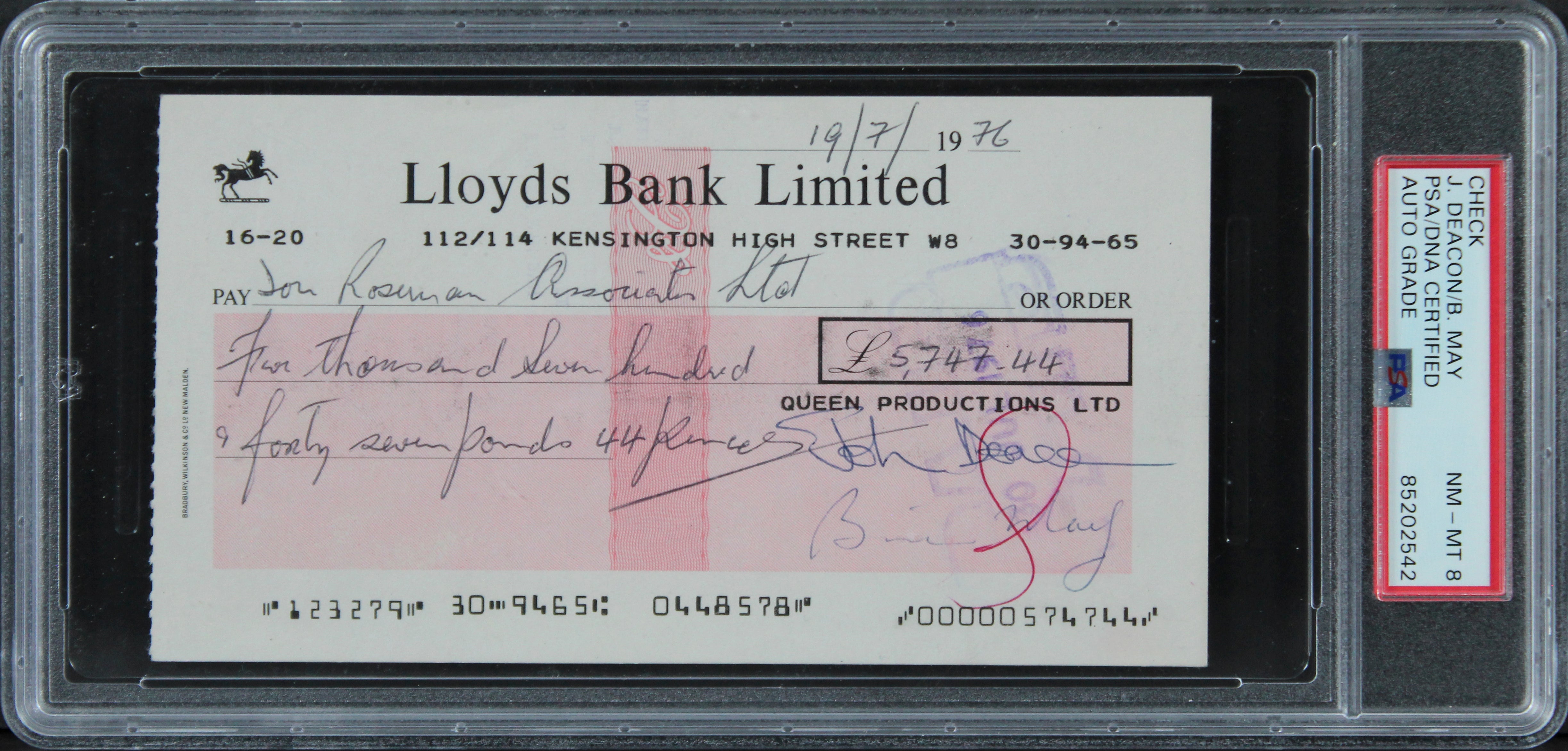 Queen (4) Mercury, May, Deacon, Taylor Signed 1976 Bank Set Of 3 Checks PSA Slab