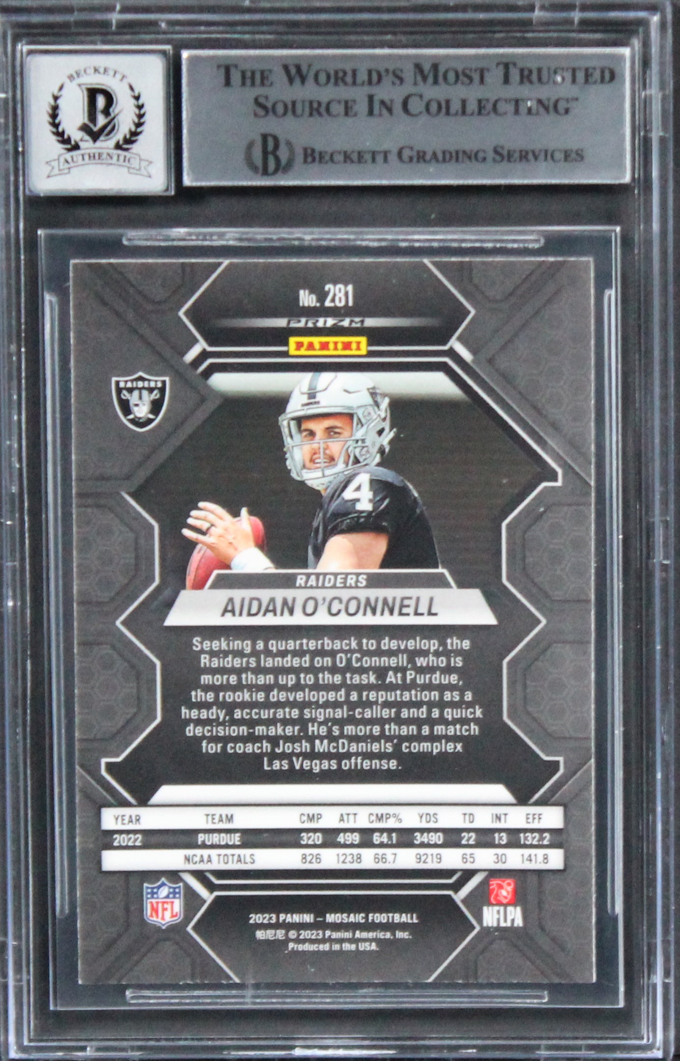 Raiders Aidan O'Connell Signed 2023 Panini Mosaic CP #281 RC Auto 10! BAS Slab