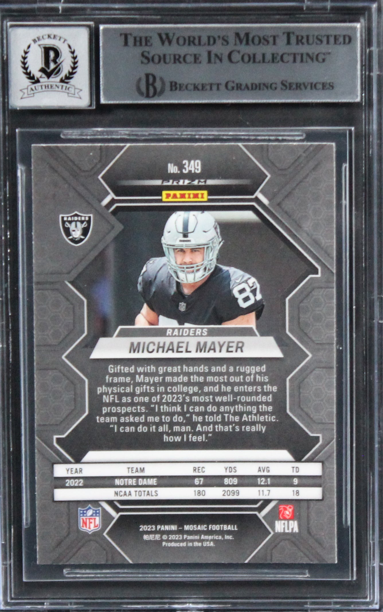 Raiders Michael Mayer Signed 2023 Panini Mosaic CP #349 RC Card Auto 10 BAS Slab