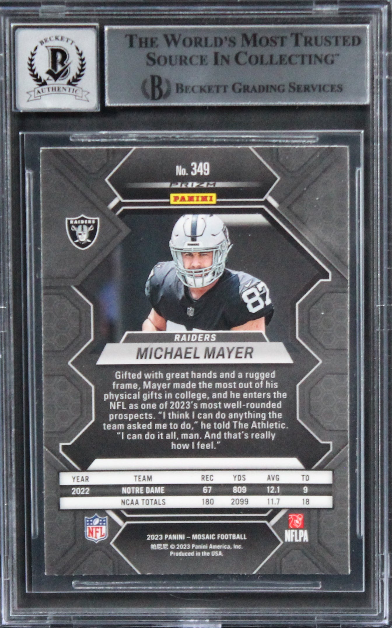 Raiders Michael Mayer Signed 2023 Panini Mosaic RB #349 RC Card Auto 10 BAS Slab