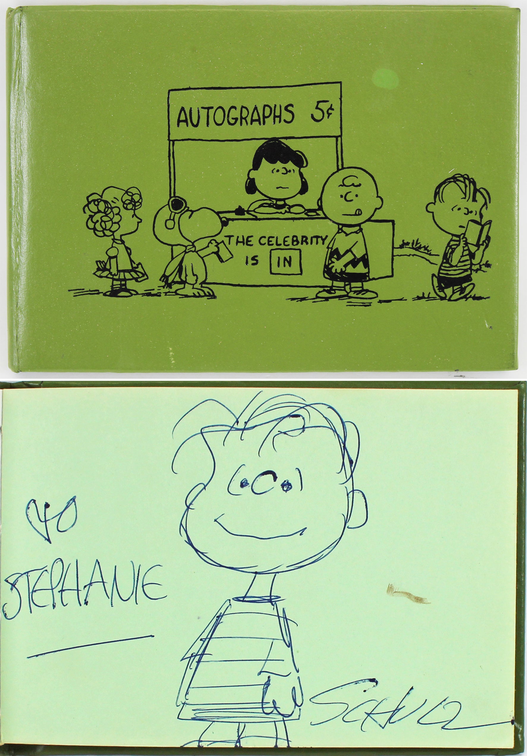 Charles Schulz Signed 4.25x6 Peanuts Autograph Book w/ Linus Sketch BAS #A53116