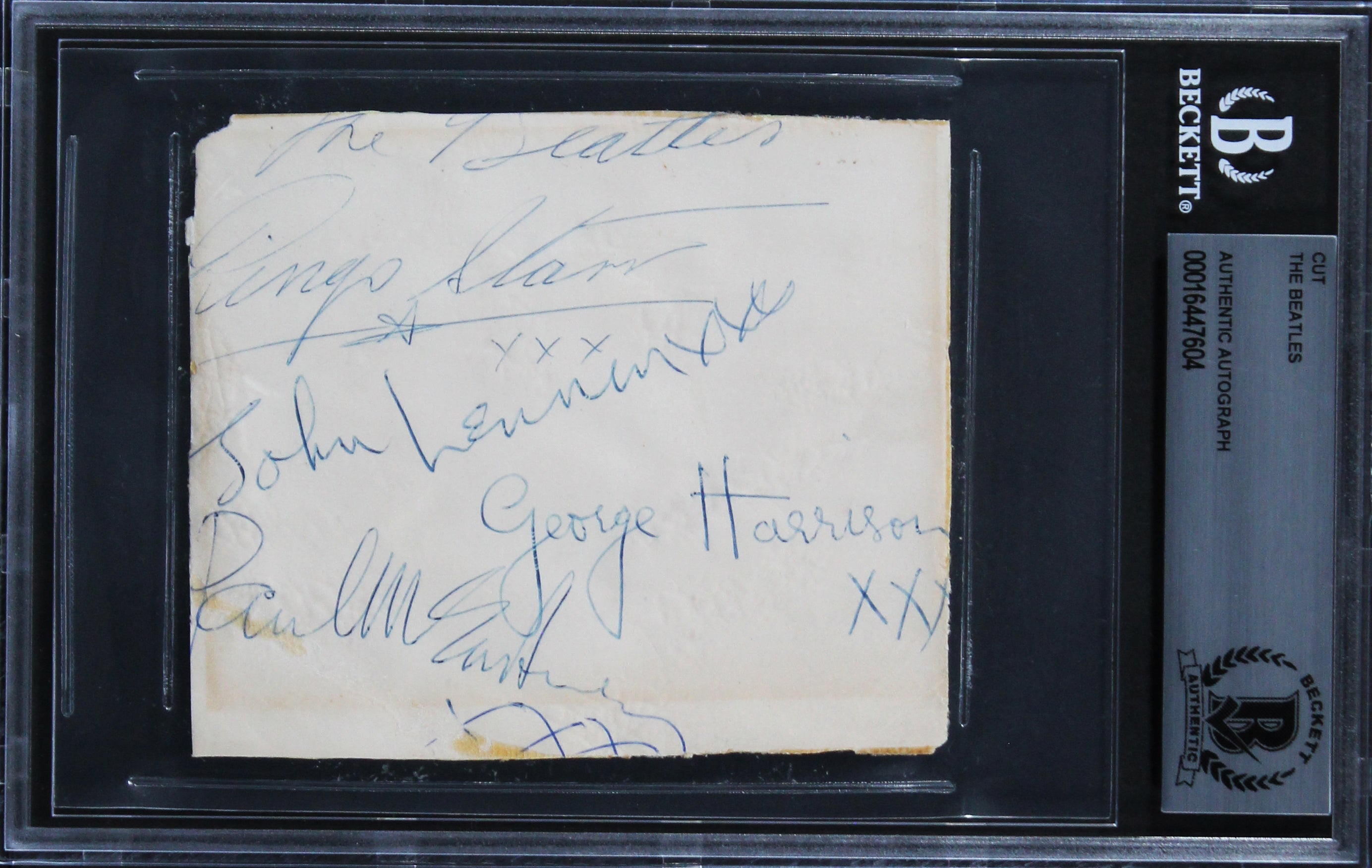 Beatles (4) Lennon, Harrison, McCartney & Starr Signed 3.35x4 Cut BAS Slabbed