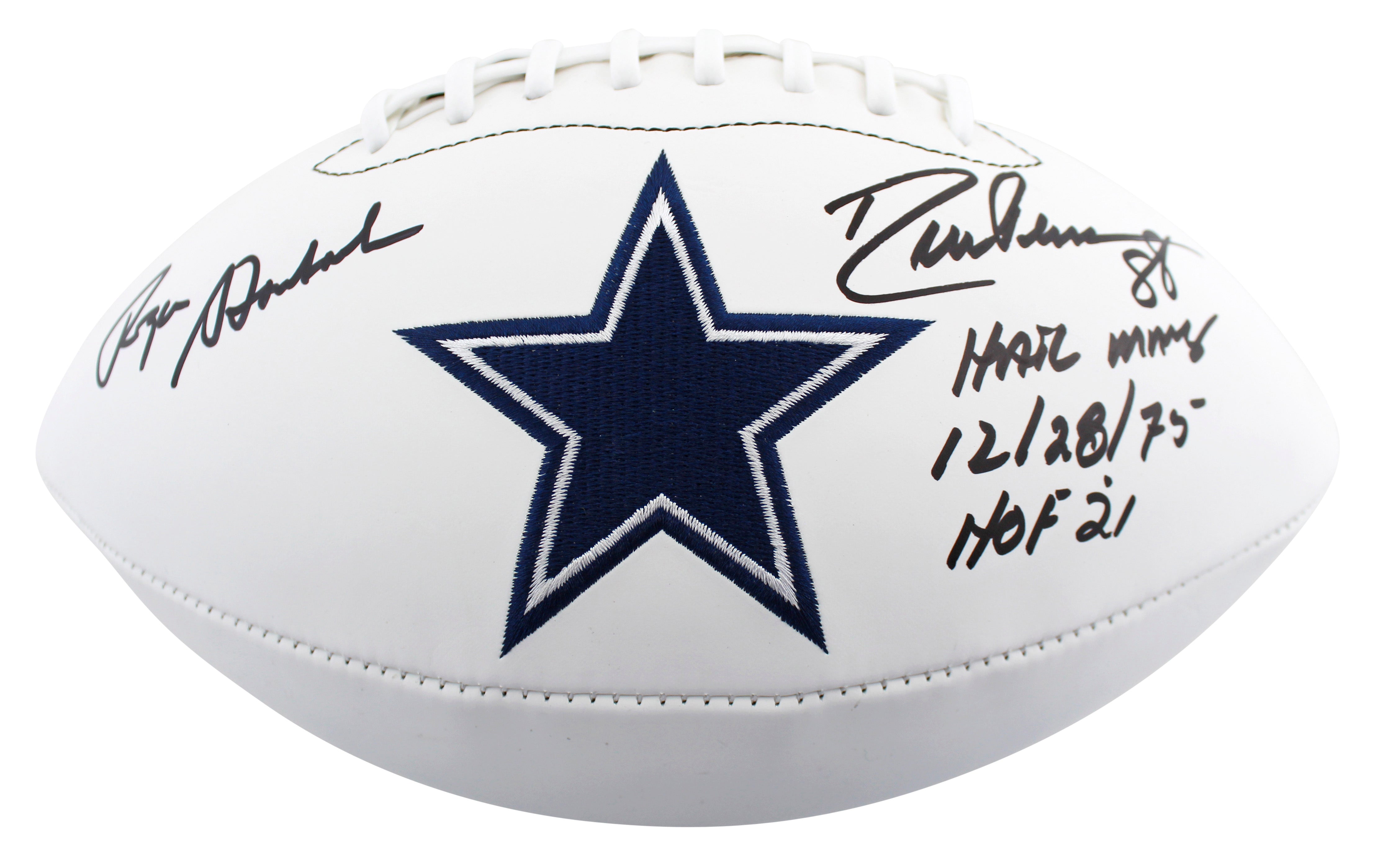 Roger Staubach & Drew Pearson "Hail Mary" Signed White Panel Logo Football BAS