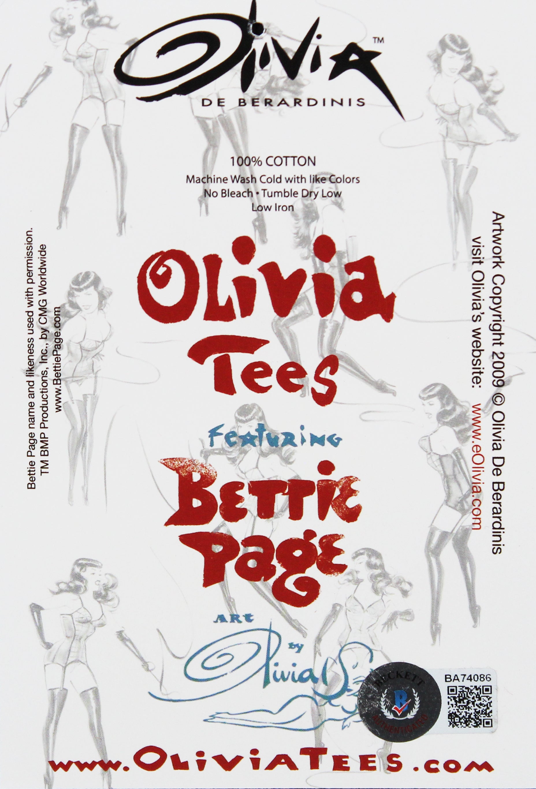 Olivia De Berardinis Signed 4x6 Olivia Tees Feat. Bettie Page Card BAS #BA74086