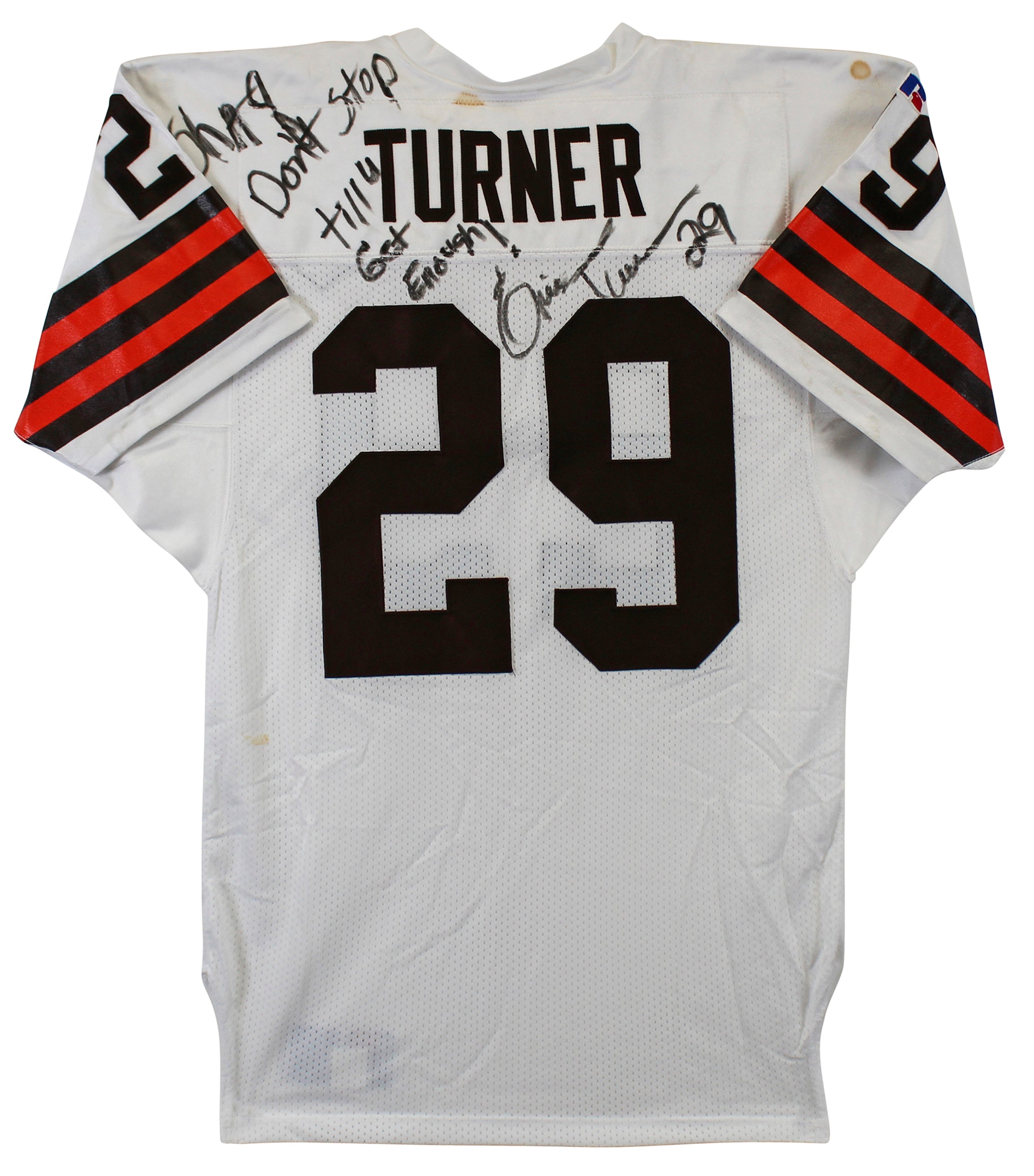 Browns Eric Turner Signed Game Worn White Russell Athletic Jersey BAS #AA03169