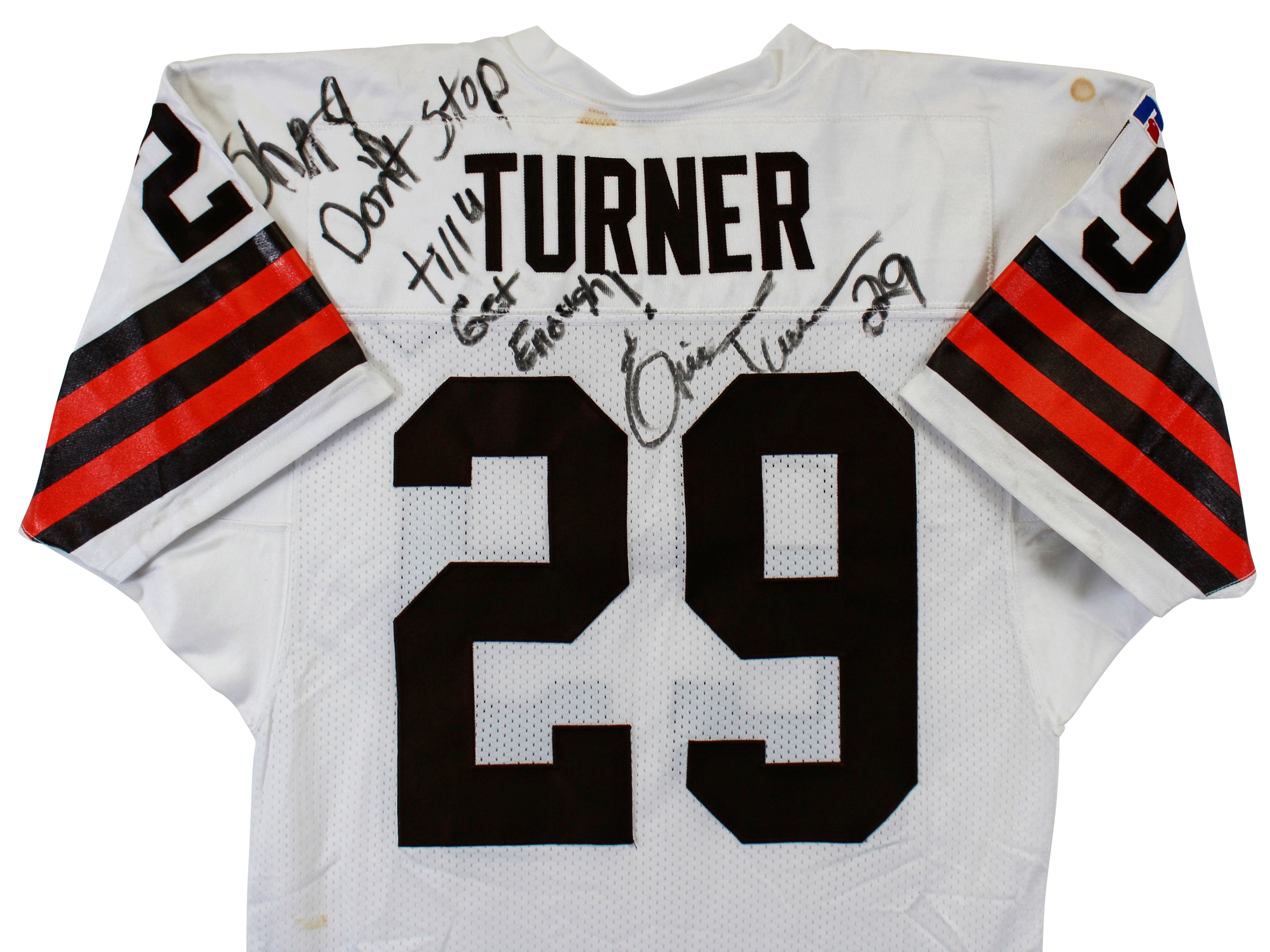 Browns Eric Turner Signed Game Worn White Russell Athletic Jersey BAS #AA03169