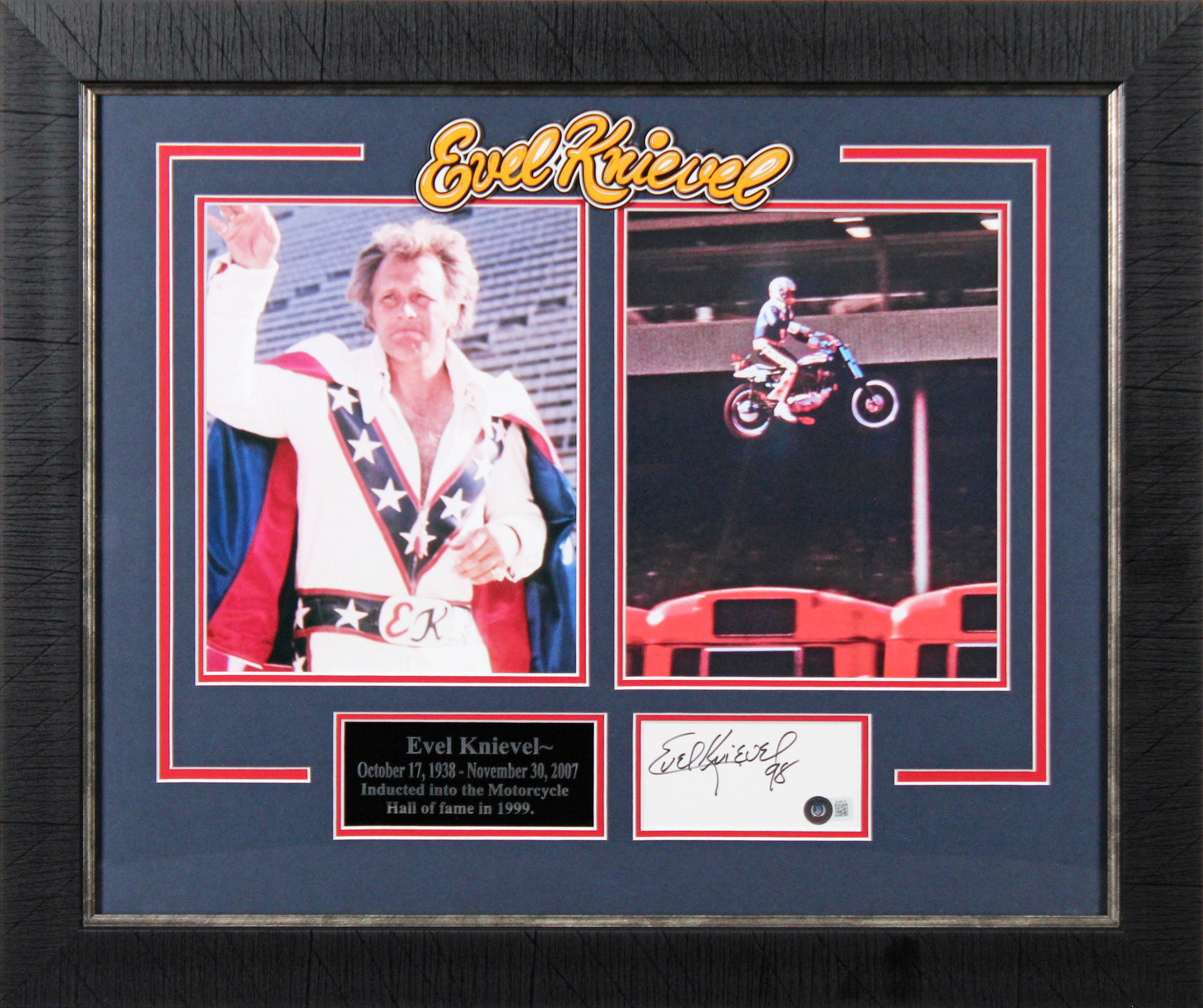Evel Knievel "98" Authentic Signed 3x5 Index Card Framed Display BAS #BL98113