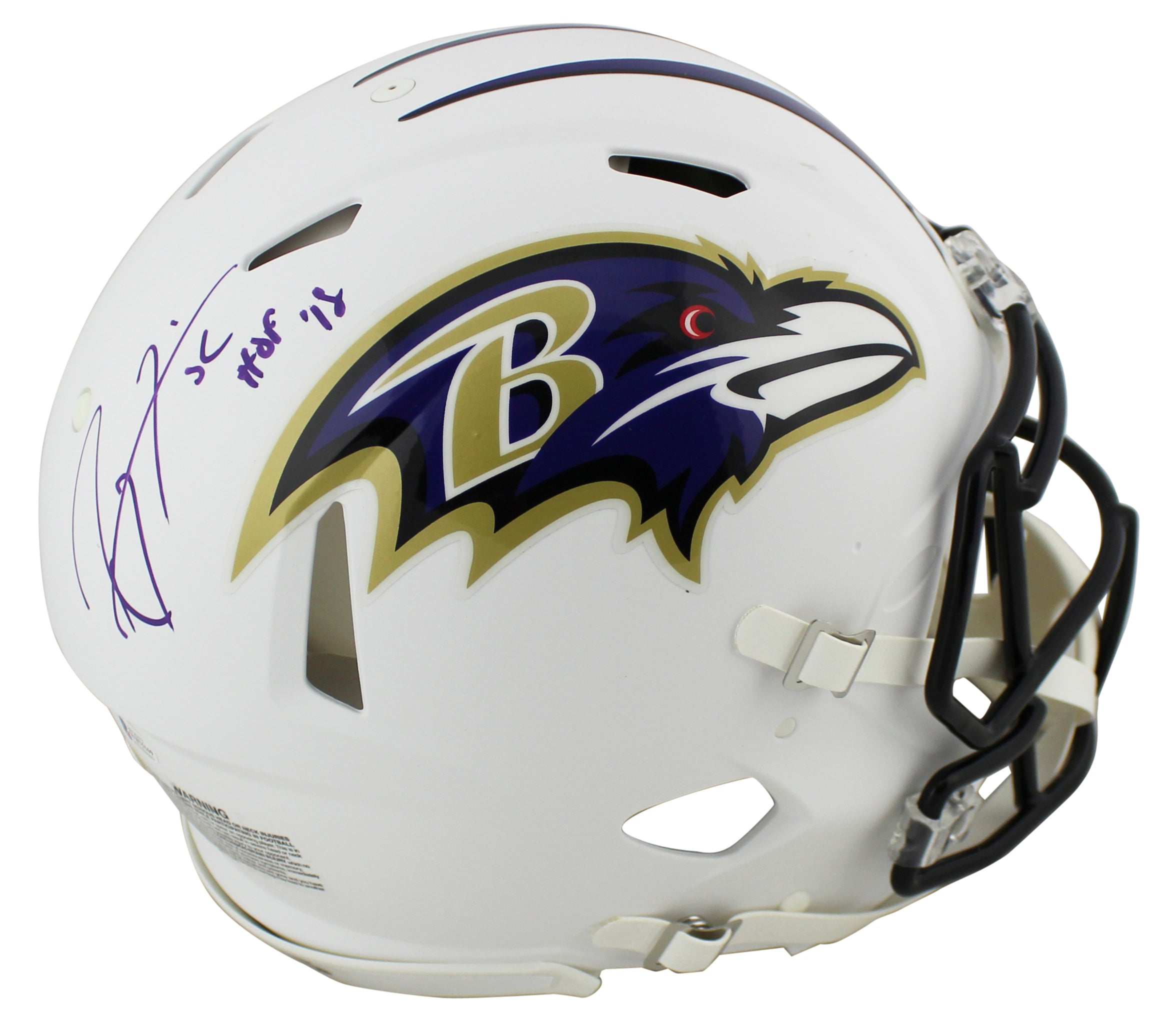 Ravens Ray Lewis "HOF 18" Signed Flat White Proline F/S Speed Helmet BAS Witness
