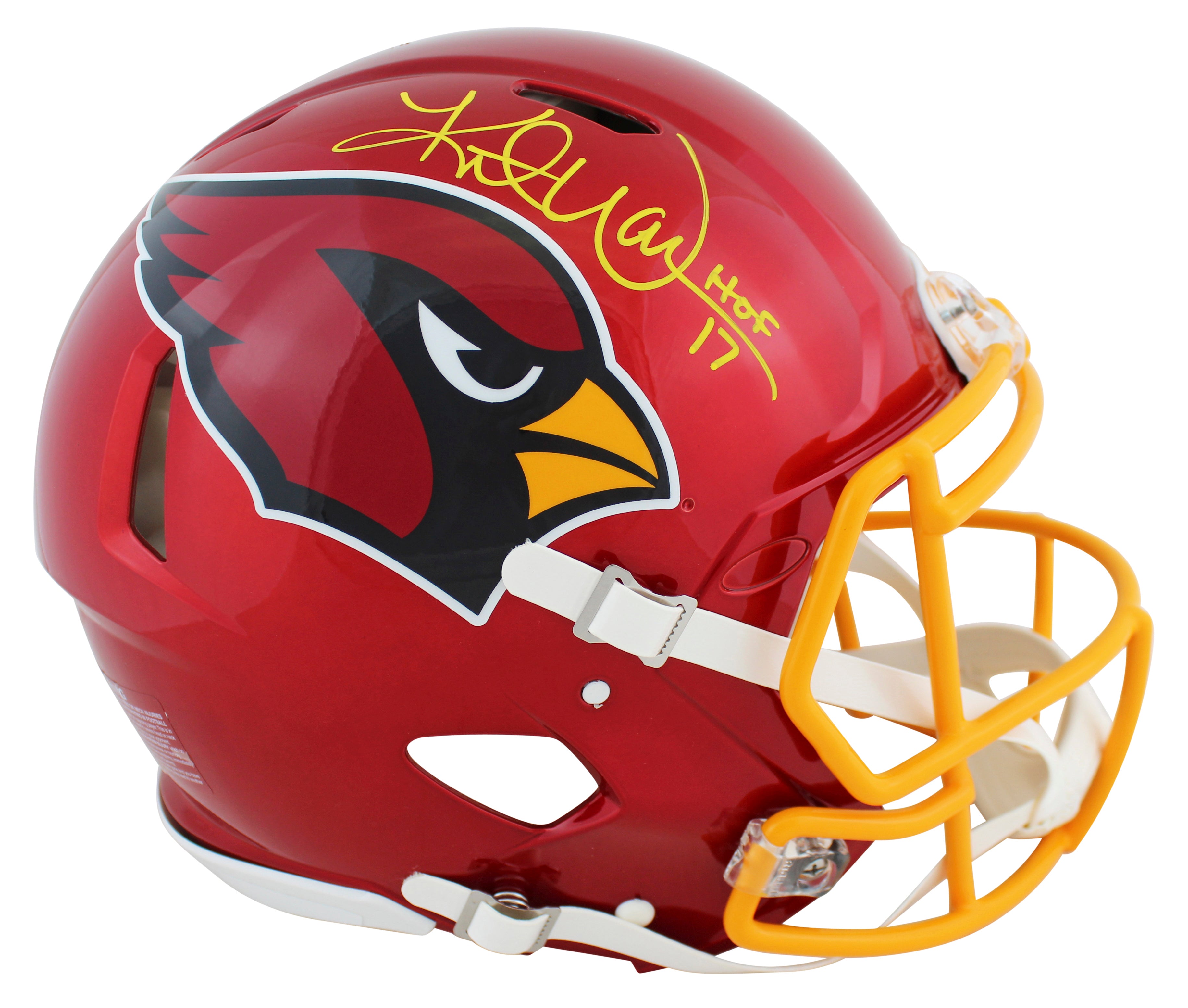 Cardinals Kurt Warner "HOF 17" Signed Flash Full Size Speed Proline Helmet BAS W