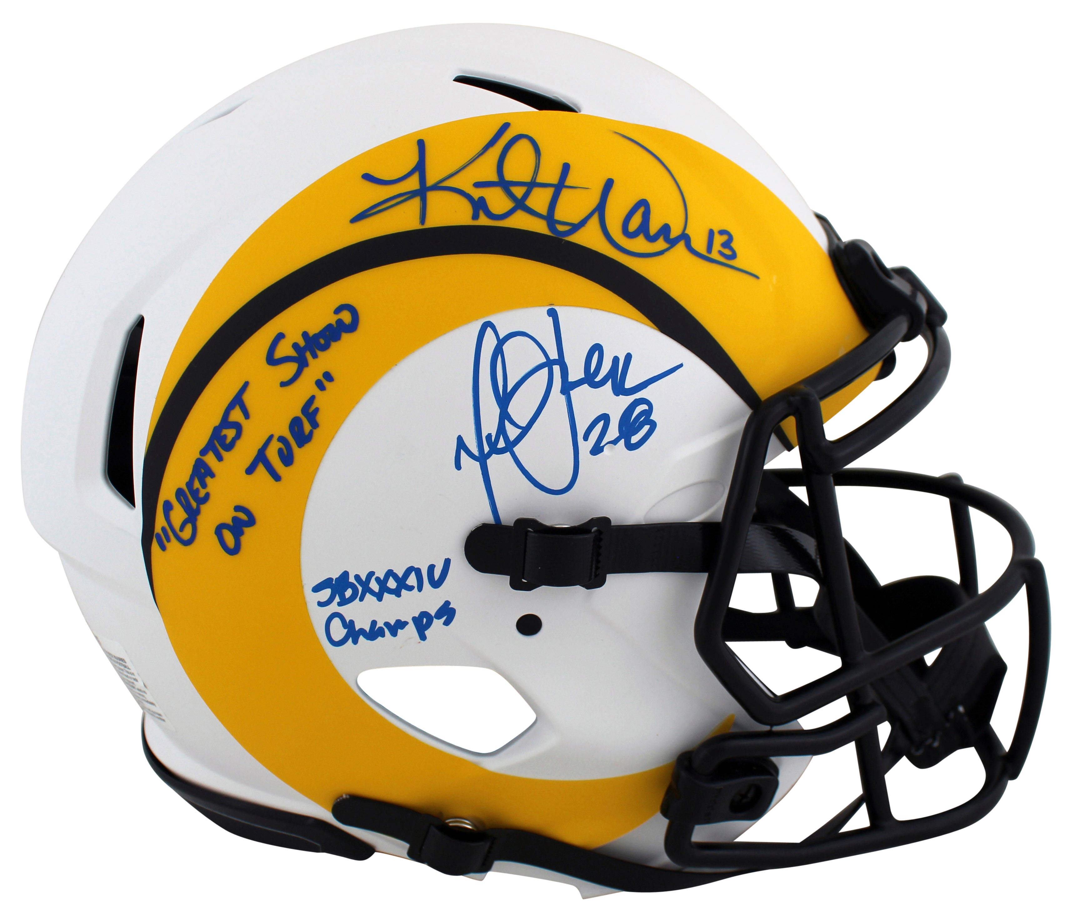 Rams Kurt Warner & Marshall Faulk Signed Lunar F/S Speed Proline Helmet BAS Wit