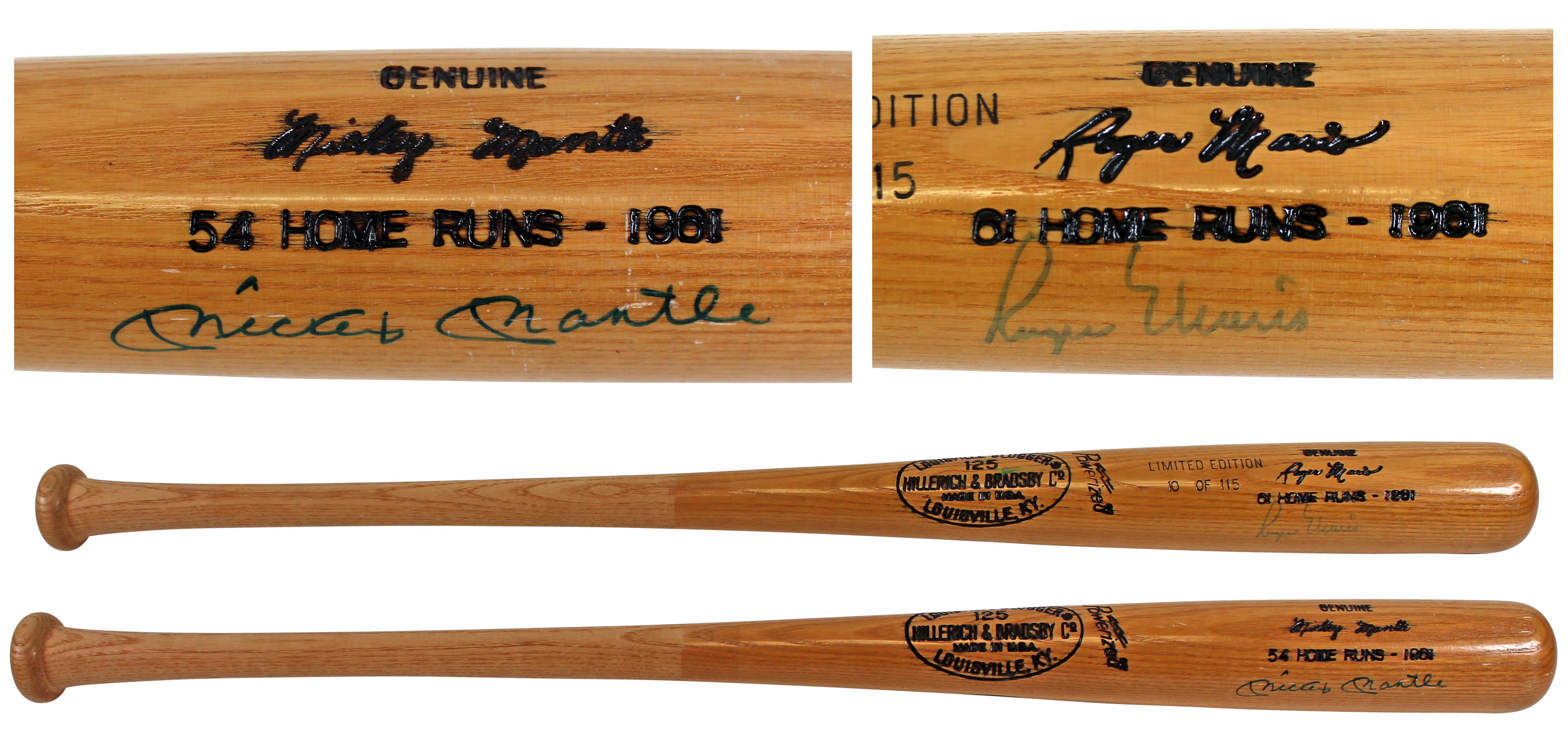 Yankees Mickey Mantle & Roger Maris Signed H&B LS 1961 Comm. Bat LE #10/115 PSA