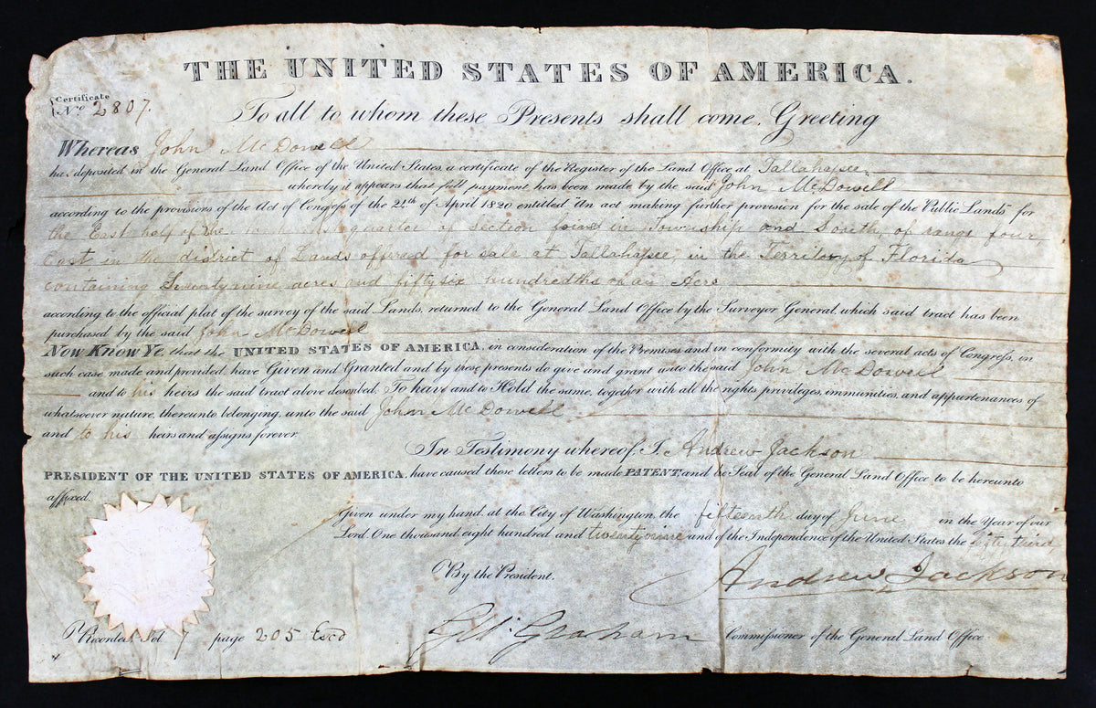 Andrew Jackson Authentic Signed 9.25x15 1829 Land Grant Document BAS #AA03011