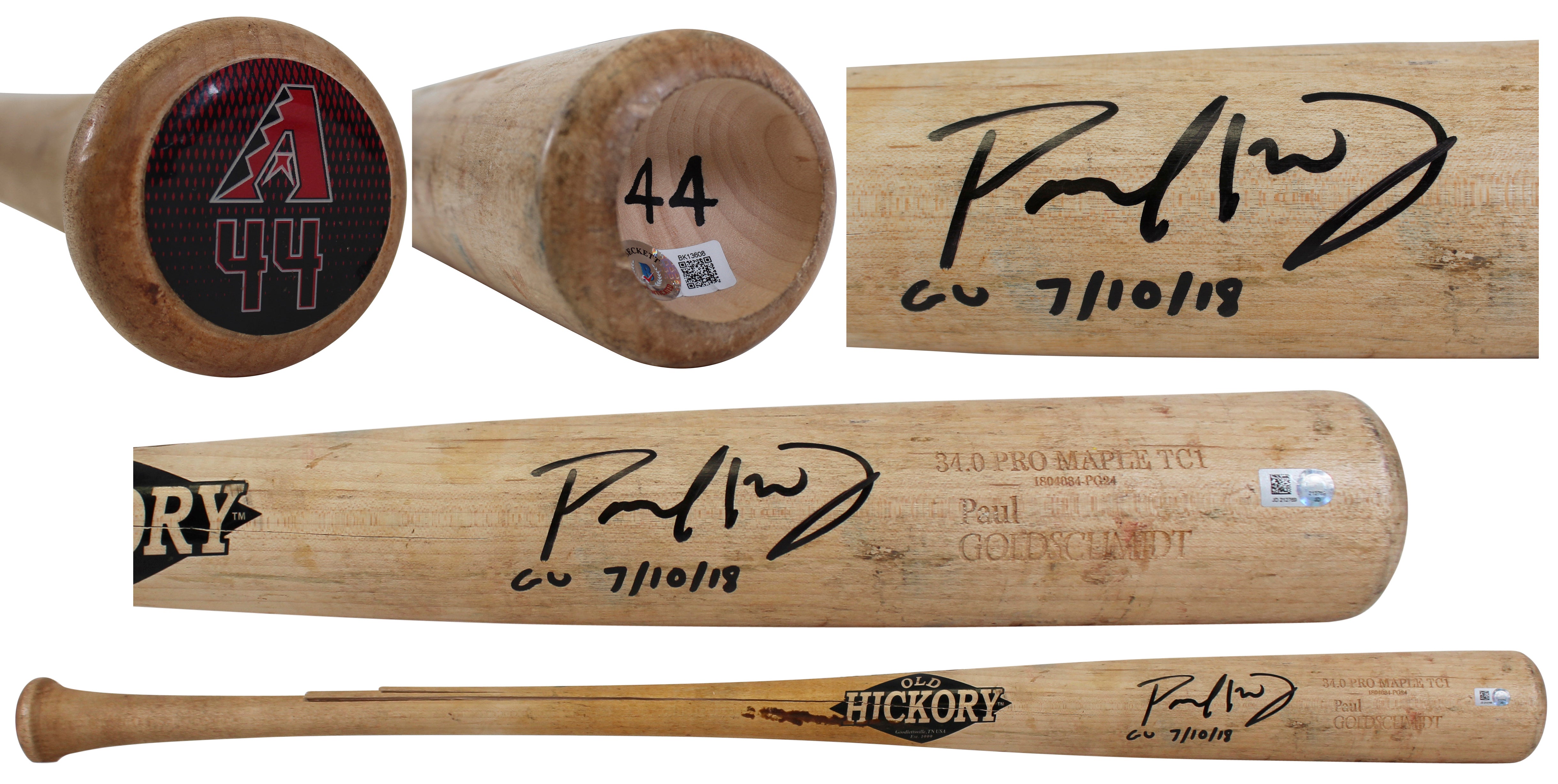 D-Backs Paul Goldschmidt "GU 7/10/18" Signed Game Used Old Hickory Bat MLB & BAS