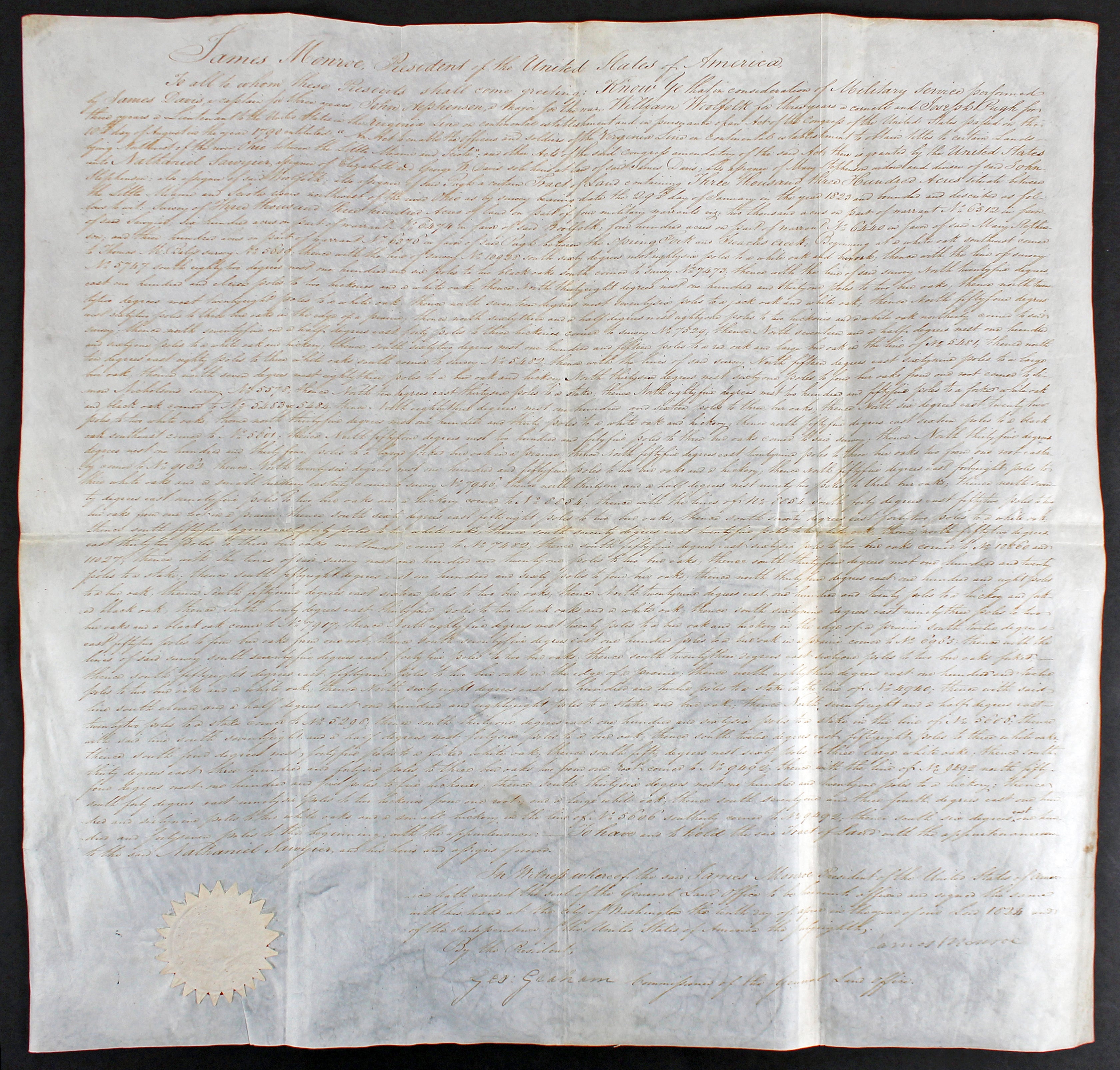 James Monroe Authentic Signed 19.25x20.25 1824 Land Grant Dated BAS #AA03017