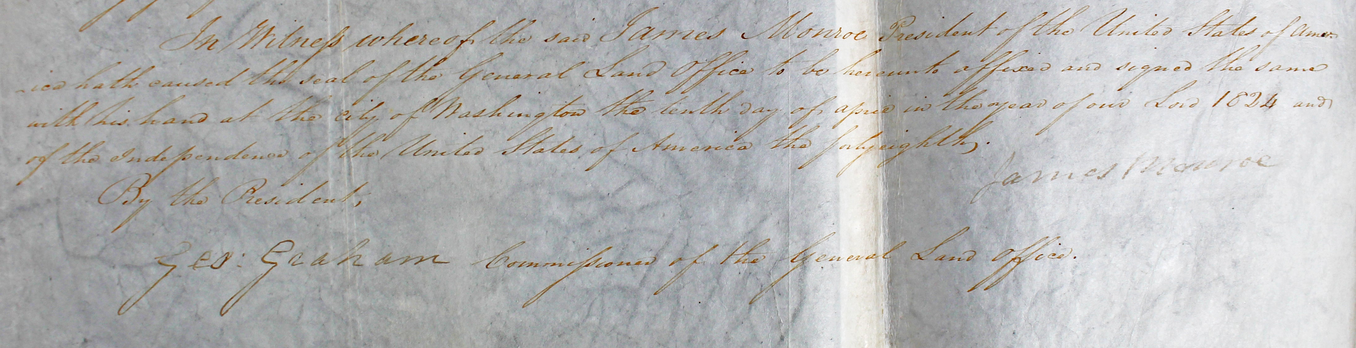 James Monroe Authentic Signed 19.25x20.25 1824 Land Grant Dated BAS #AA03017