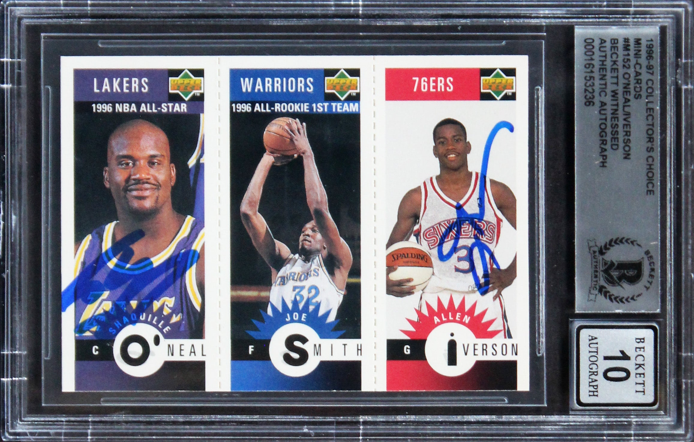 Shaquille O'Neal & Allen Iverson Signed 1996 CC #M152 Card Auto 10! BAS Slab