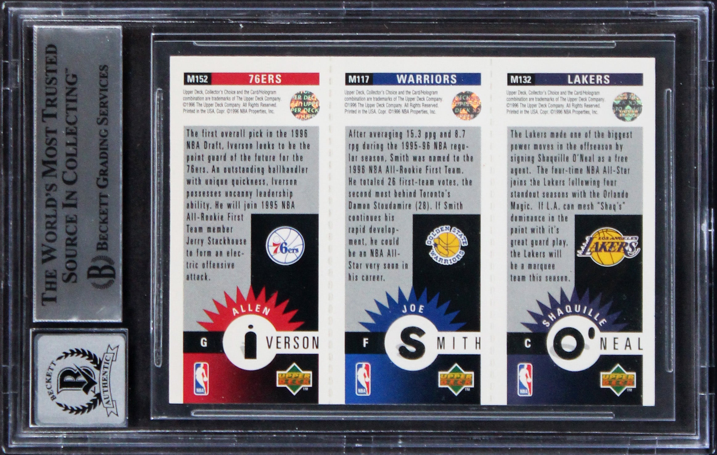 Shaquille O'Neal & Allen Iverson Signed 1996 CC #M152 Card Auto 10! BAS Slab