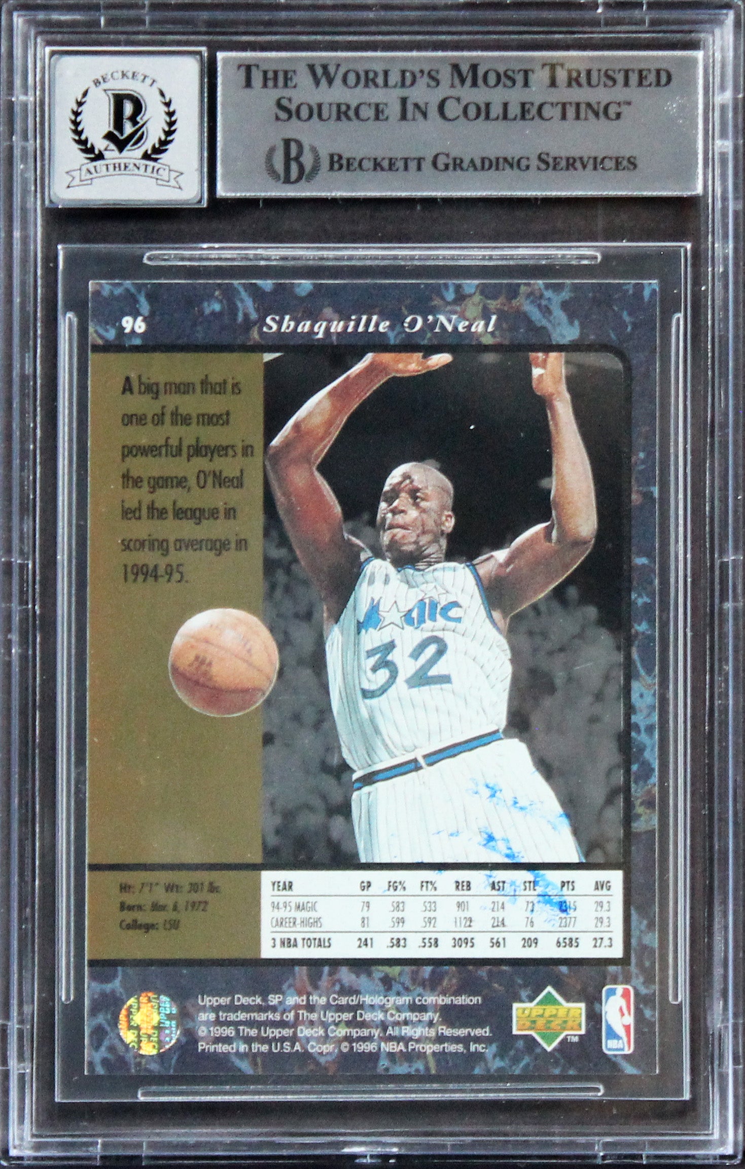 Magic Shaquille O'Neal Authentic Signed 1995 SP #96 Card Auto 10! BAS Slabbed